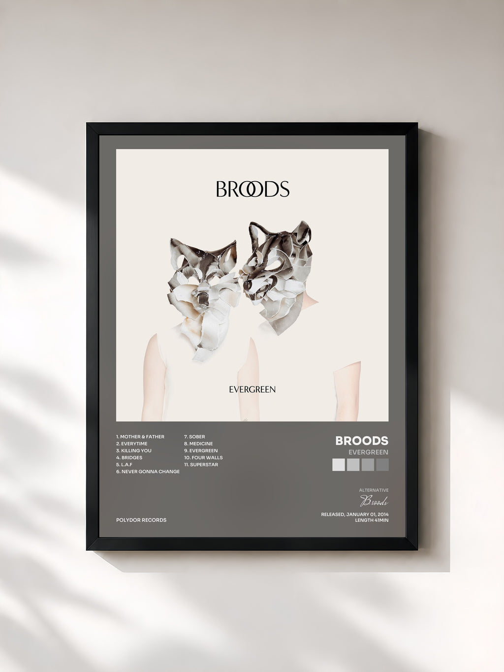 #noir Tableau de l'album Evergreen de Broods, cadre noir, imprimé et encadré en France