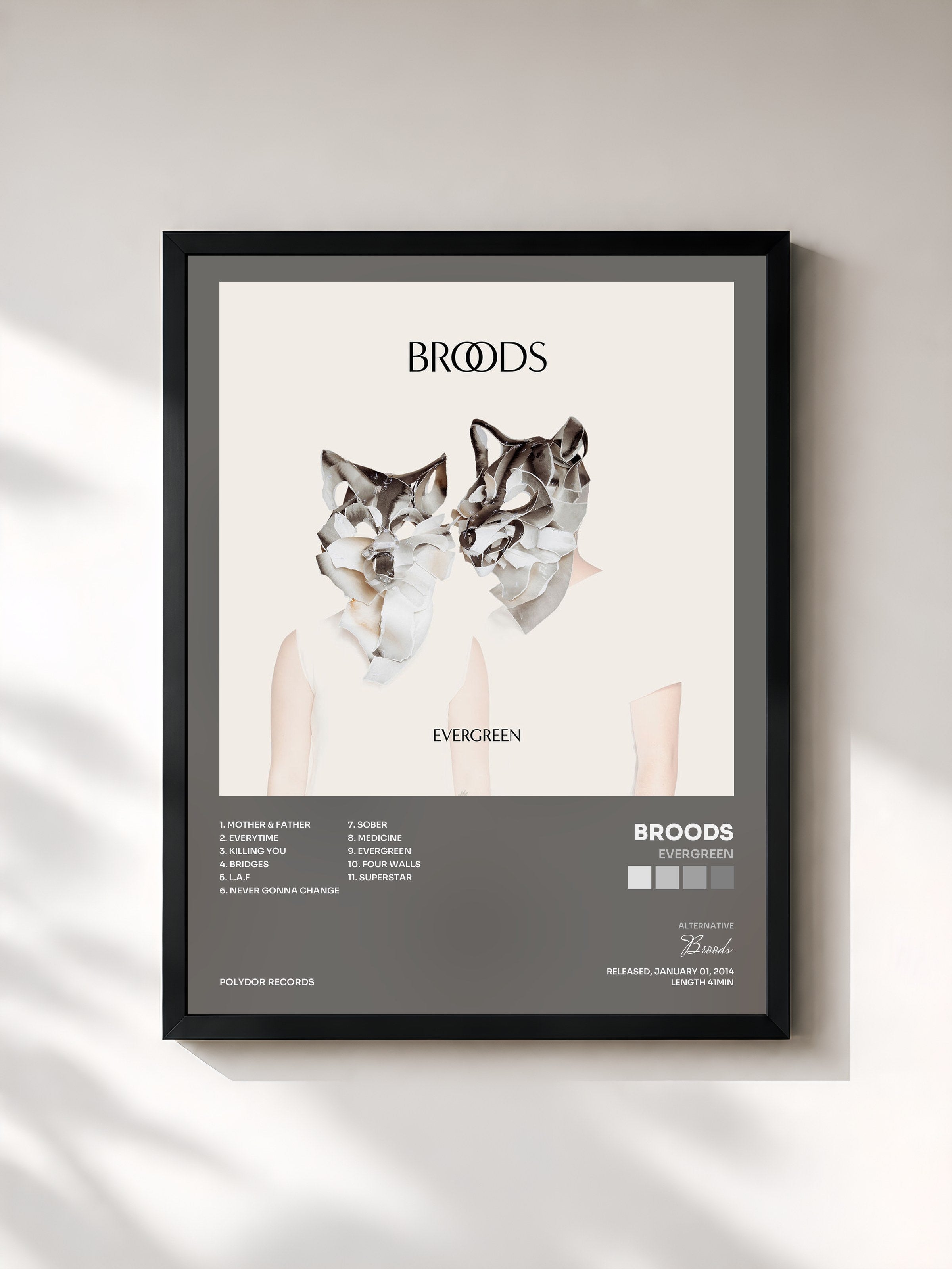 #noir Tableau de l'album Evergreen de Broods, cadre noir, imprimé et encadré en France