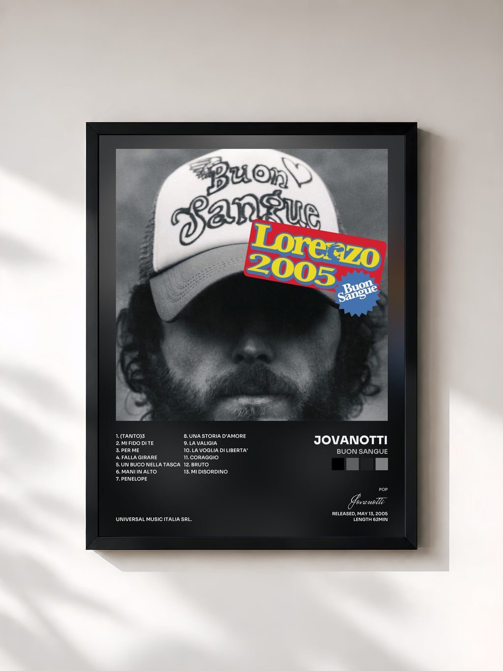 #noir Tableau de l'album Buon Sangue de Jovanotti, cadre noir, imprimé et encadré en France