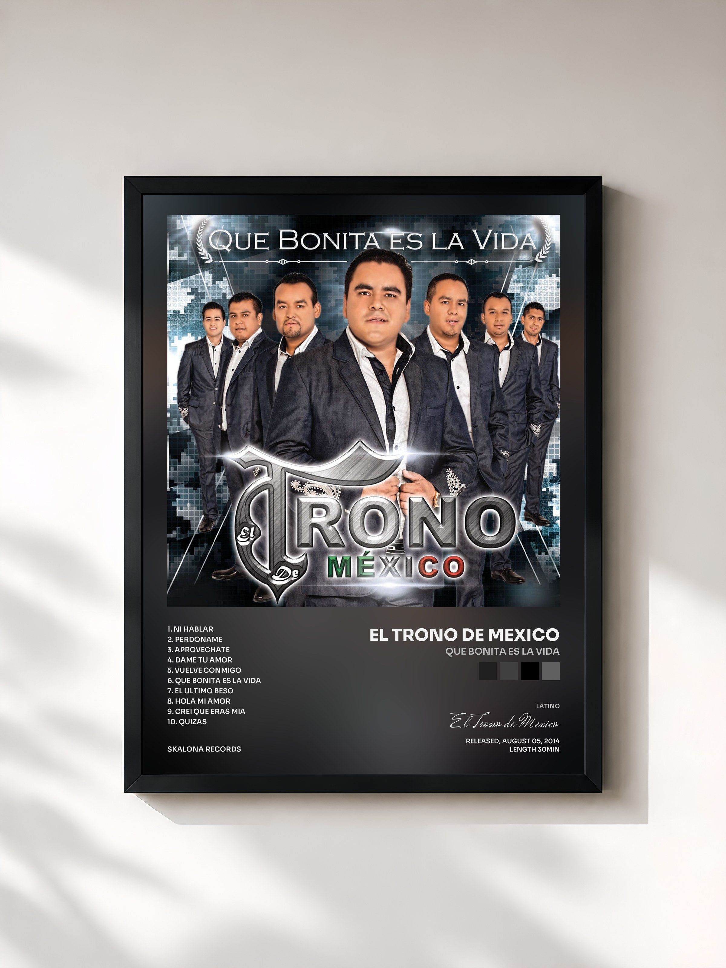 #noir Tableau de l'album Que Bonita Es la Vida de El Trono de Mexico, cadre noir, imprimé et encadré en France