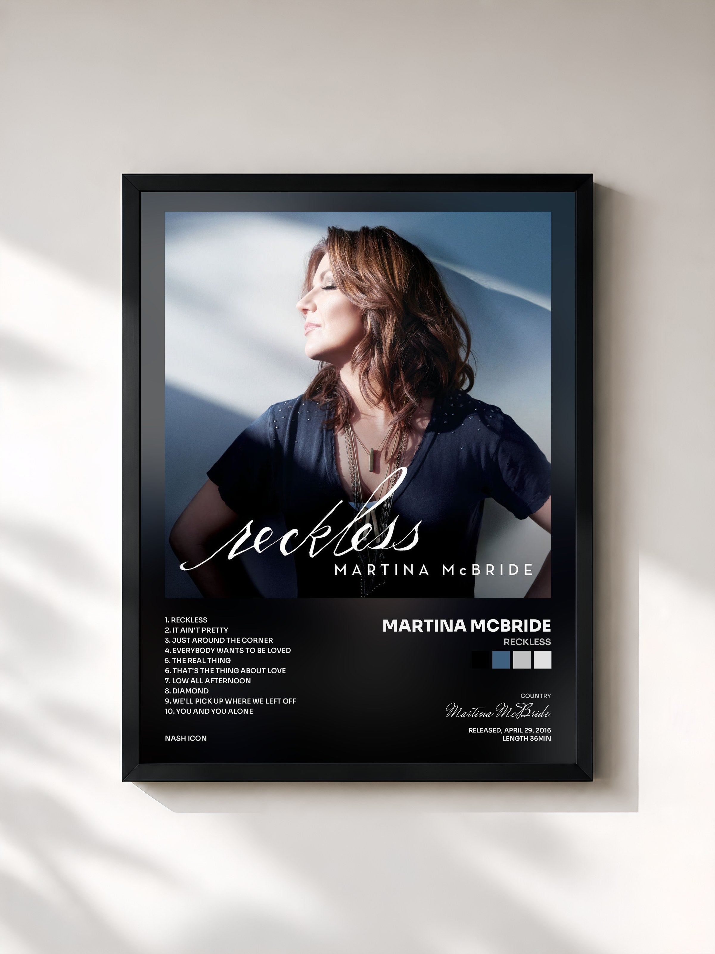 #noir Tableau de l'album Reckless de Martina McBride, cadre noir, imprimé et encadré en France