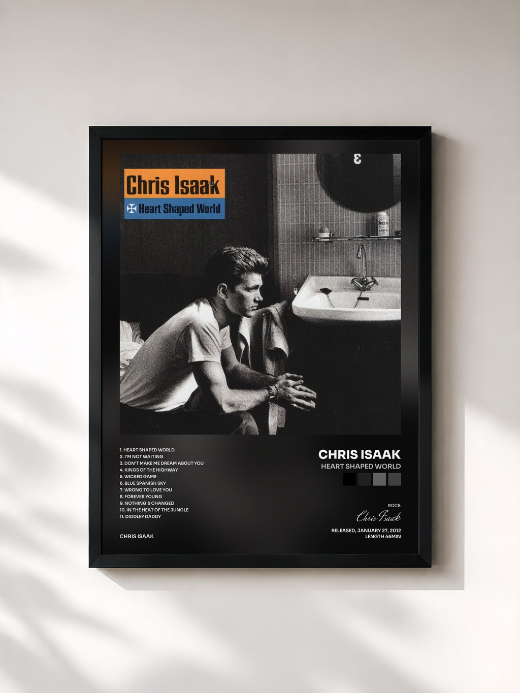 #noir Tableau de l'album Heart Shaped World de Chris Isaak, cadre noir, imprimé et encadré en France