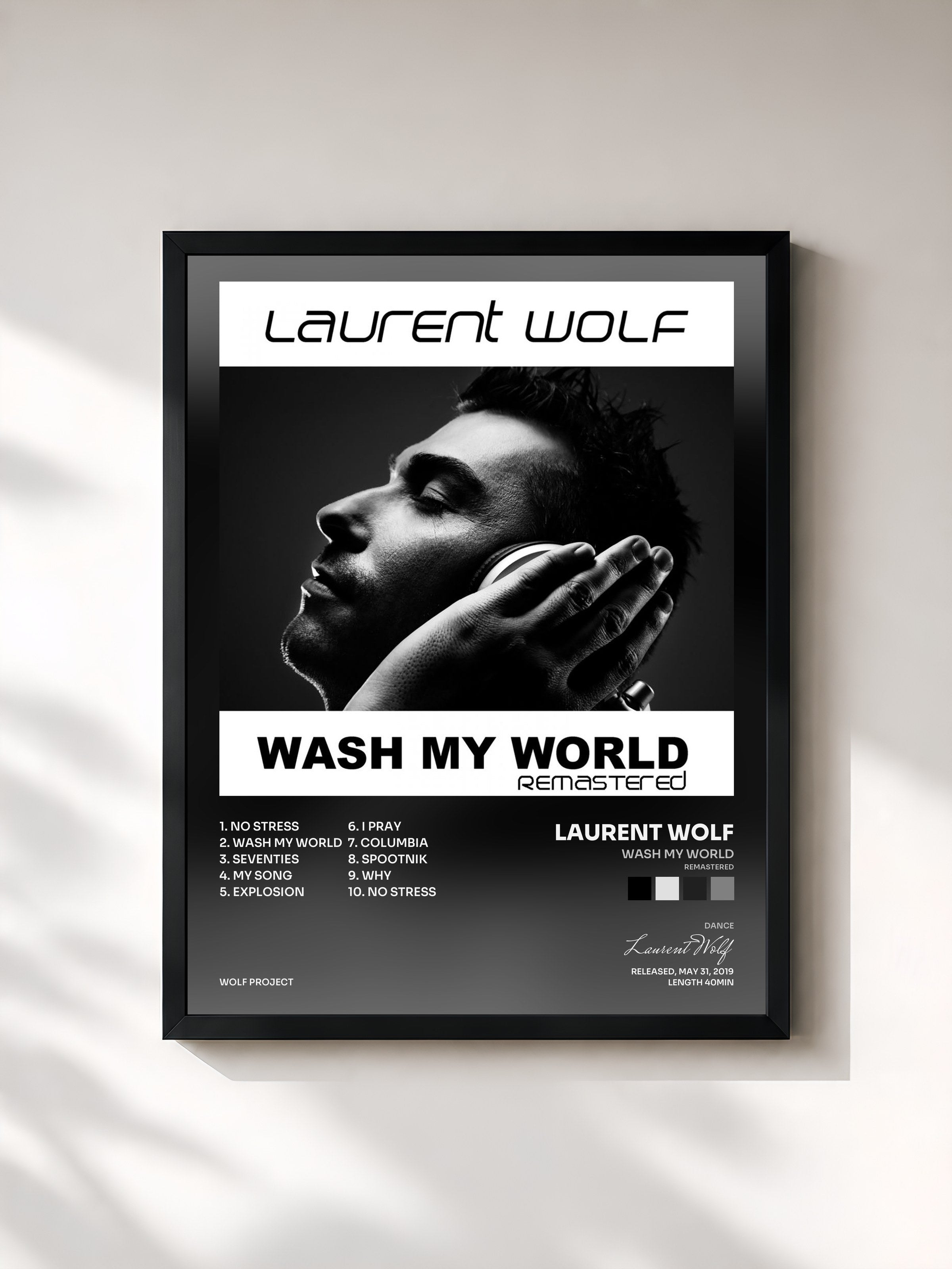 #noir Tableau de l'album Wash My World (Remastered) de Laurent Wolf, cadre noir, imprimé et encadré en France