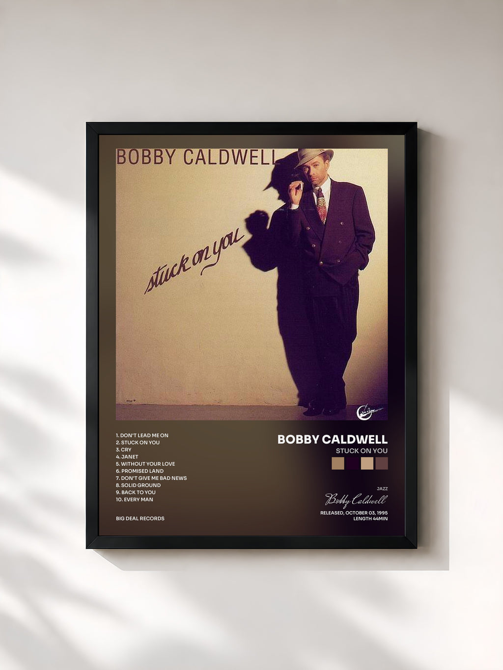 #noir Tableau de l'album Stuck on You de Bobby Caldwell, cadre noir, imprimé et encadré en France
