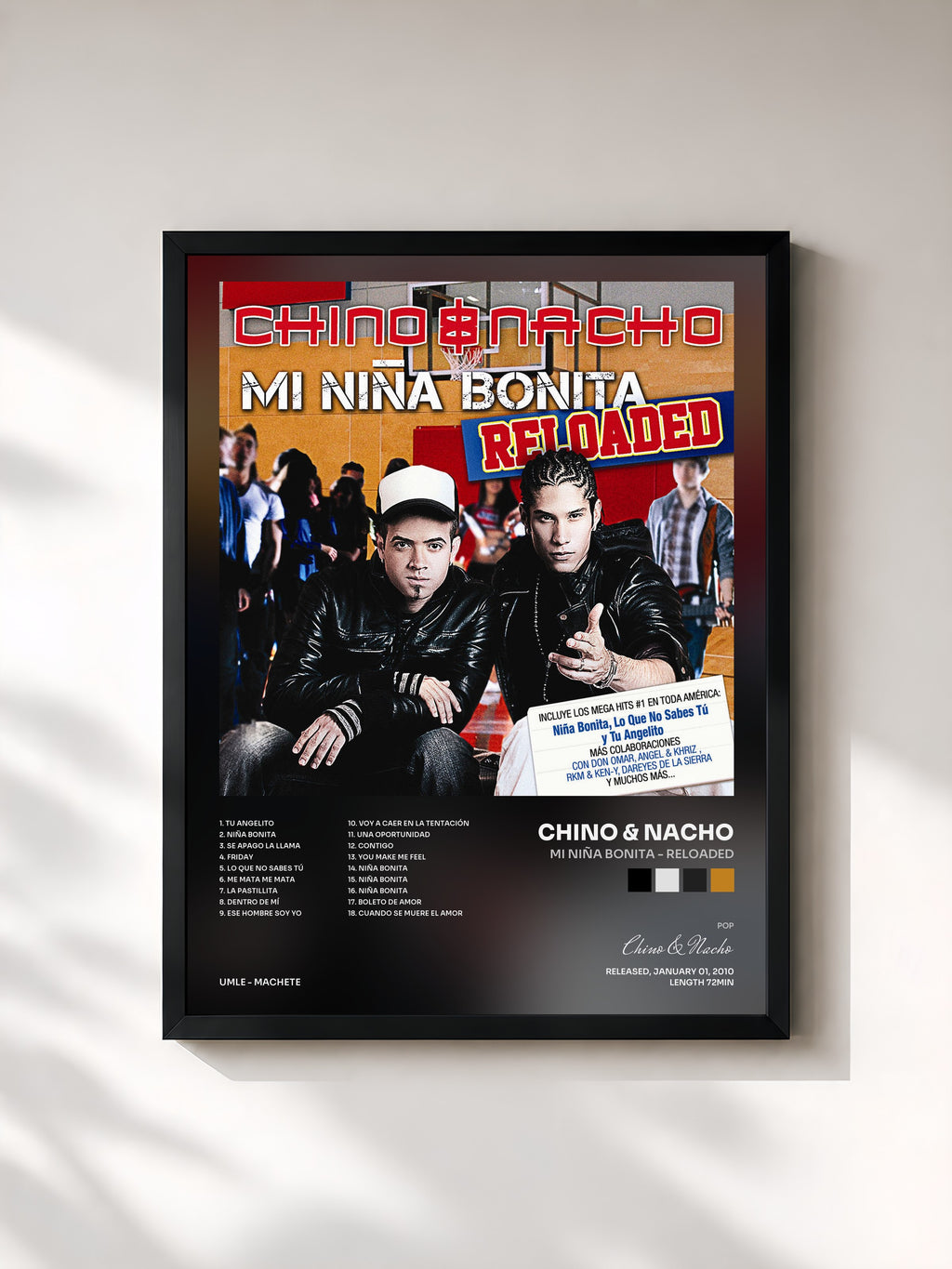 #noir Tableau de l'album Mi Niña Bonita - Reloaded de Chino & Nacho, cadre noir, imprimé et encadré en France