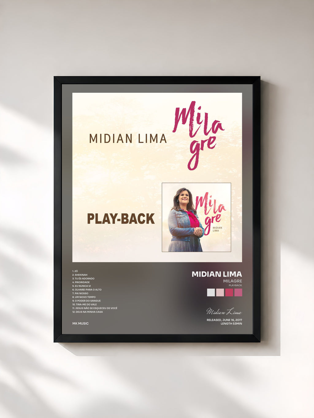#noir Tableau de l'album Milagre (Playback) de Midian Lima, cadre noir, imprimé et encadré en France