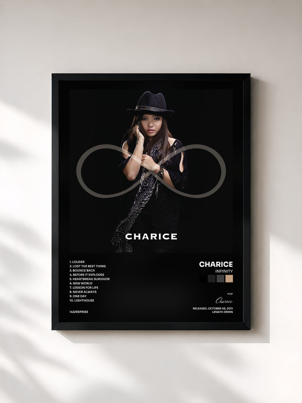 #noir Tableau de l'album Infinity de Charice, cadre noir, imprimé et encadré en France