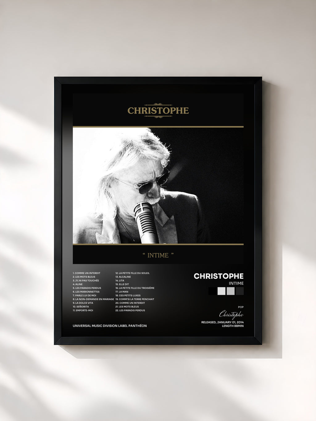 #noir Tableau de l'album Intime de Christophe, cadre noir, imprimé et encadré en France