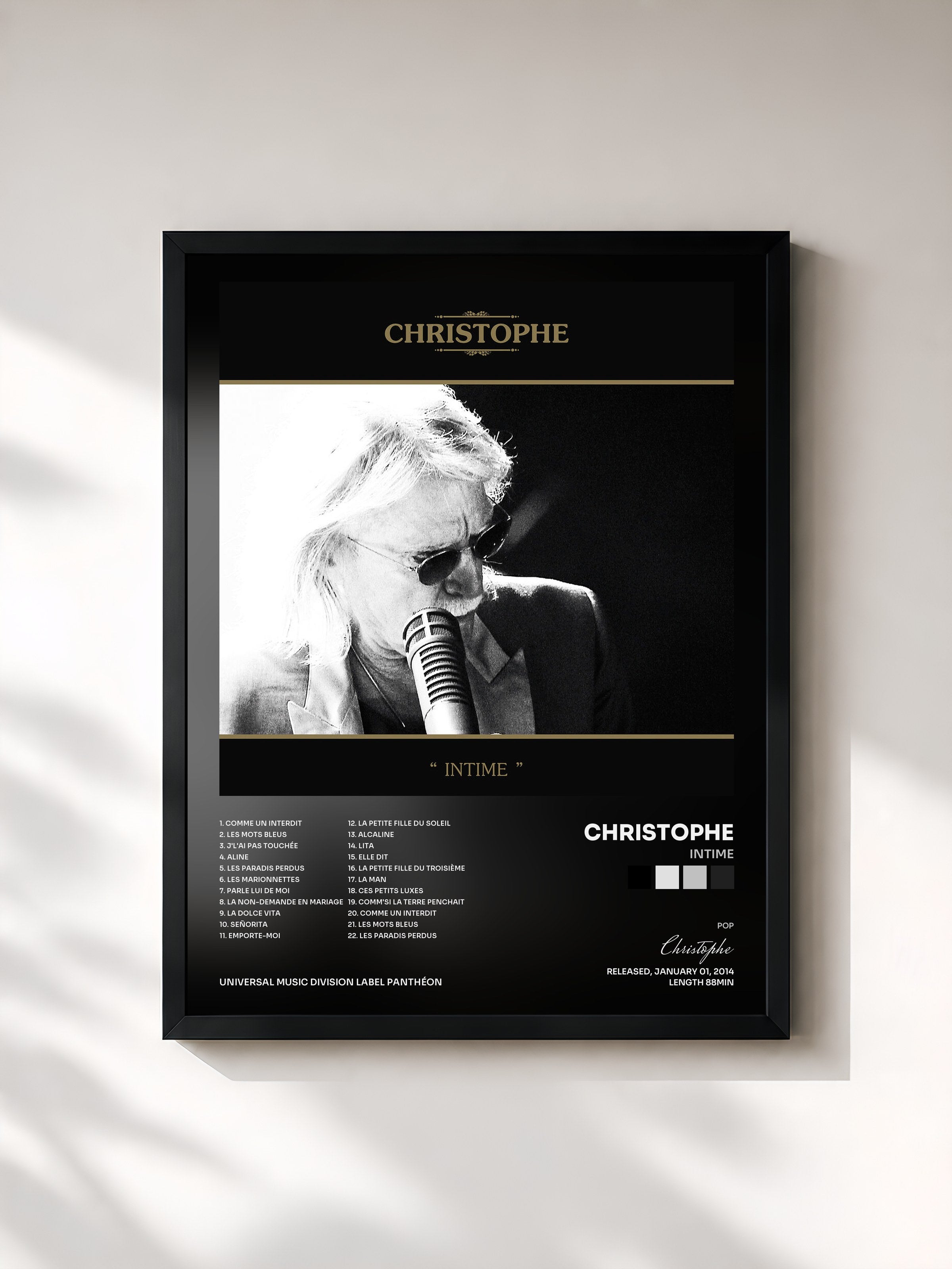 #noir Tableau de l'album Intime de Christophe, cadre noir, imprimé et encadré en France