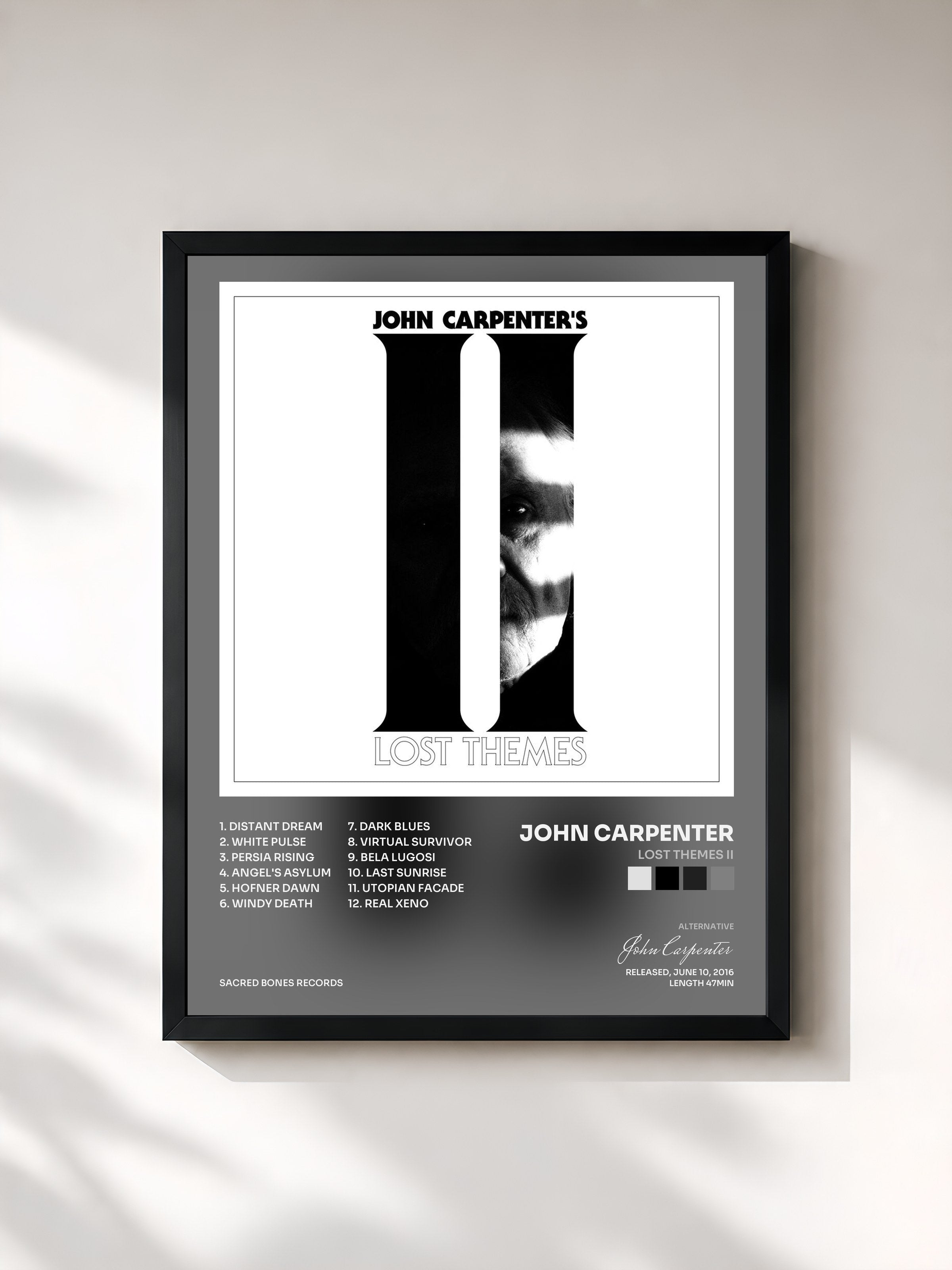 #noir Tableau de l'album Lost Themes II de John Carpenter, cadre noir, imprimé et encadré en France