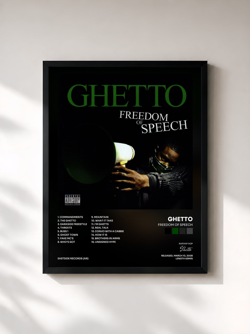 #noir Tableau de l'album Freedom of Speech de Ghetto, cadre noir, imprimé et encadré en France