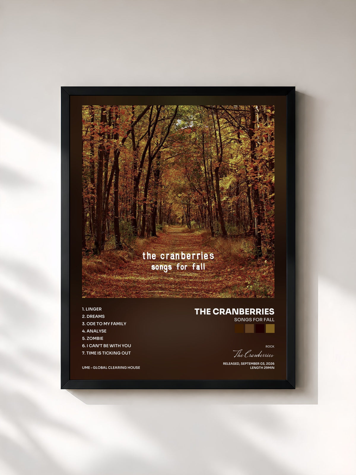 #noir Tableau de l'album Songs For Fall de The Cranberries, cadre noir, imprimé et encadré en France