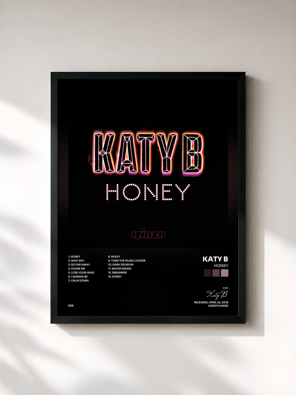 #noir Tableau de l'album Honey de Katy B, cadre noir, imprimé et encadré en France