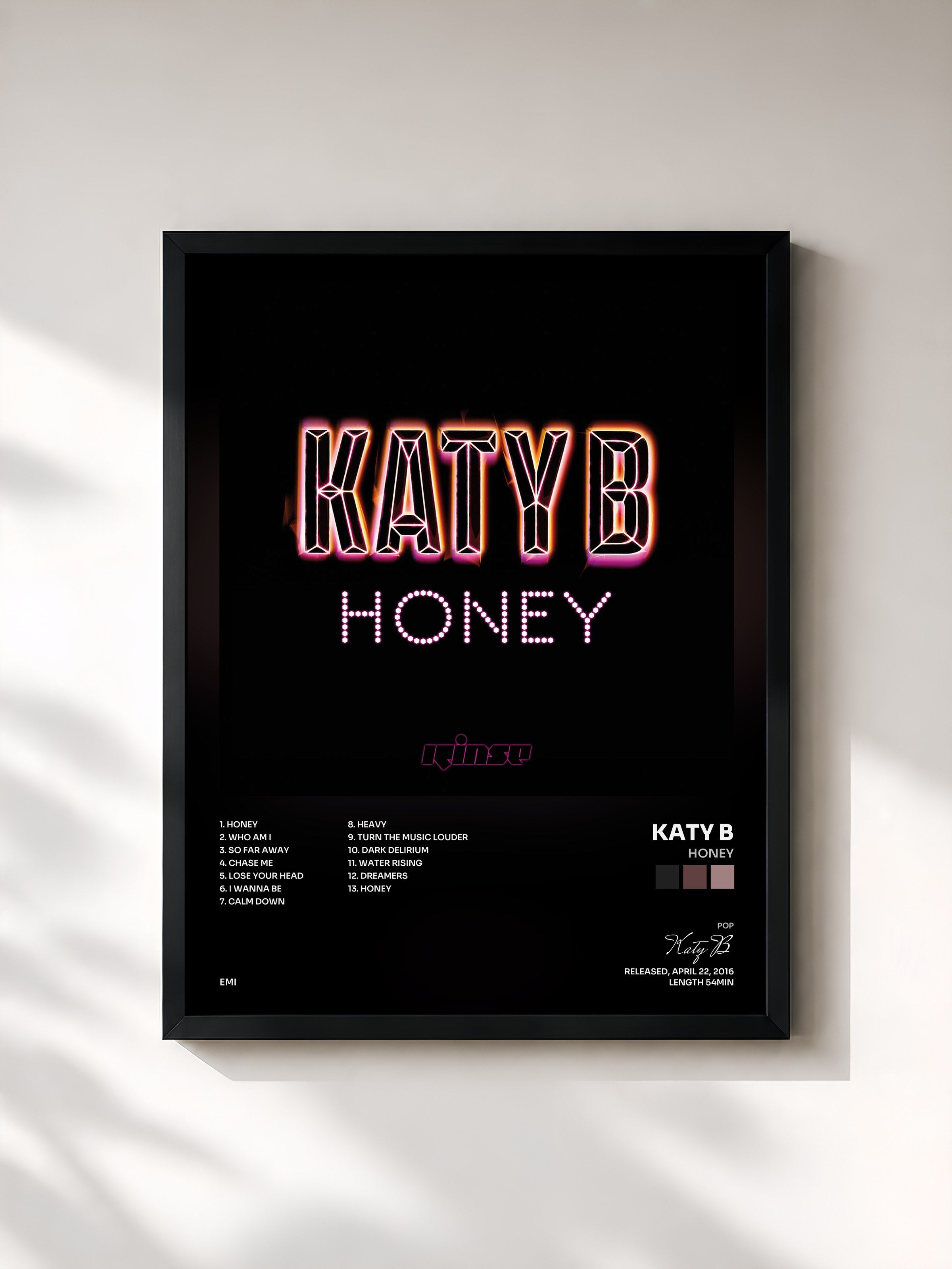 #noir Tableau de l'album Honey de Katy B, cadre noir, imprimé et encadré en France
