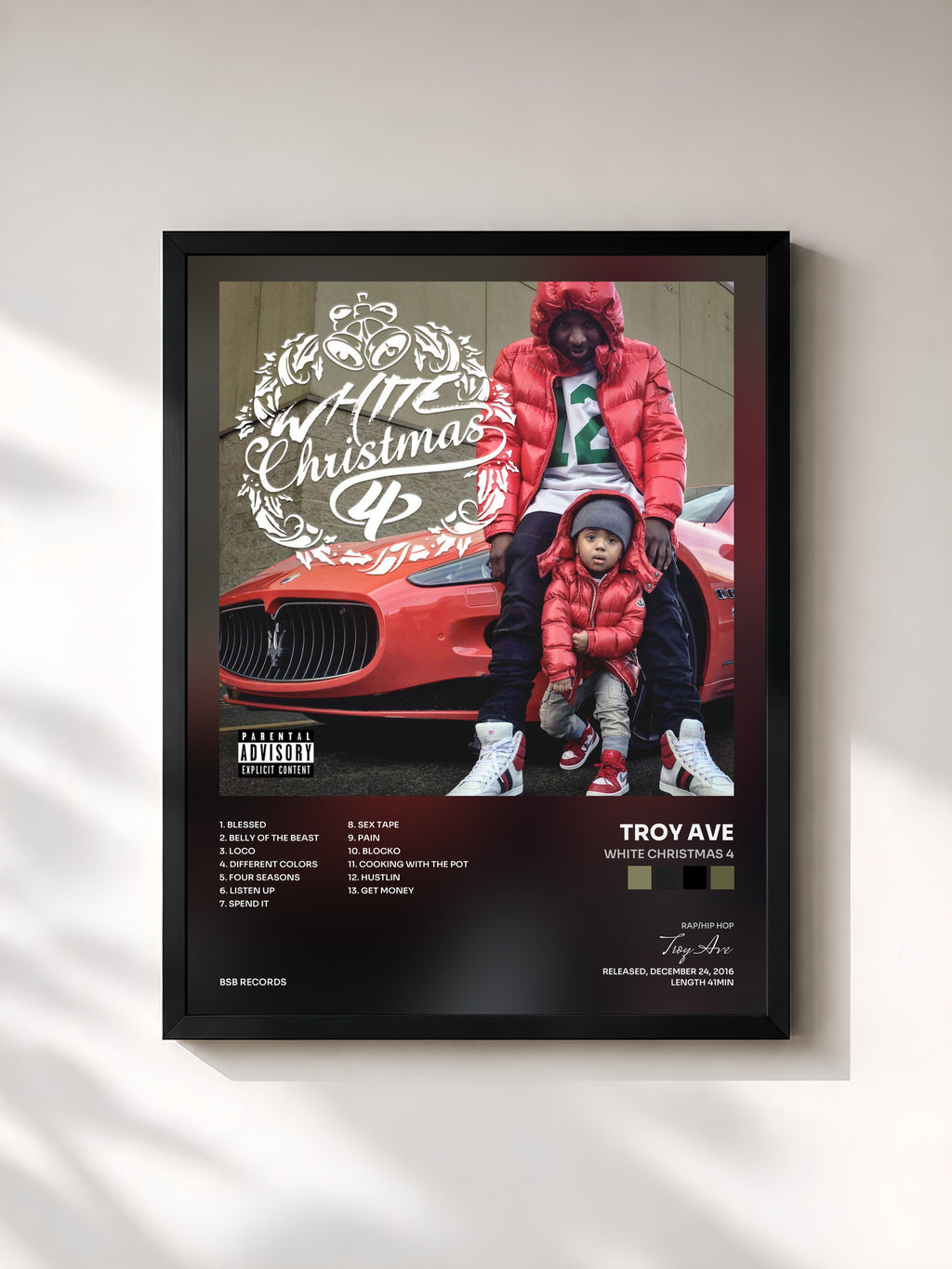 #noir Tableau de l'album White Christmas 4 de Troy Ave, cadre noir, imprimé et encadré en France