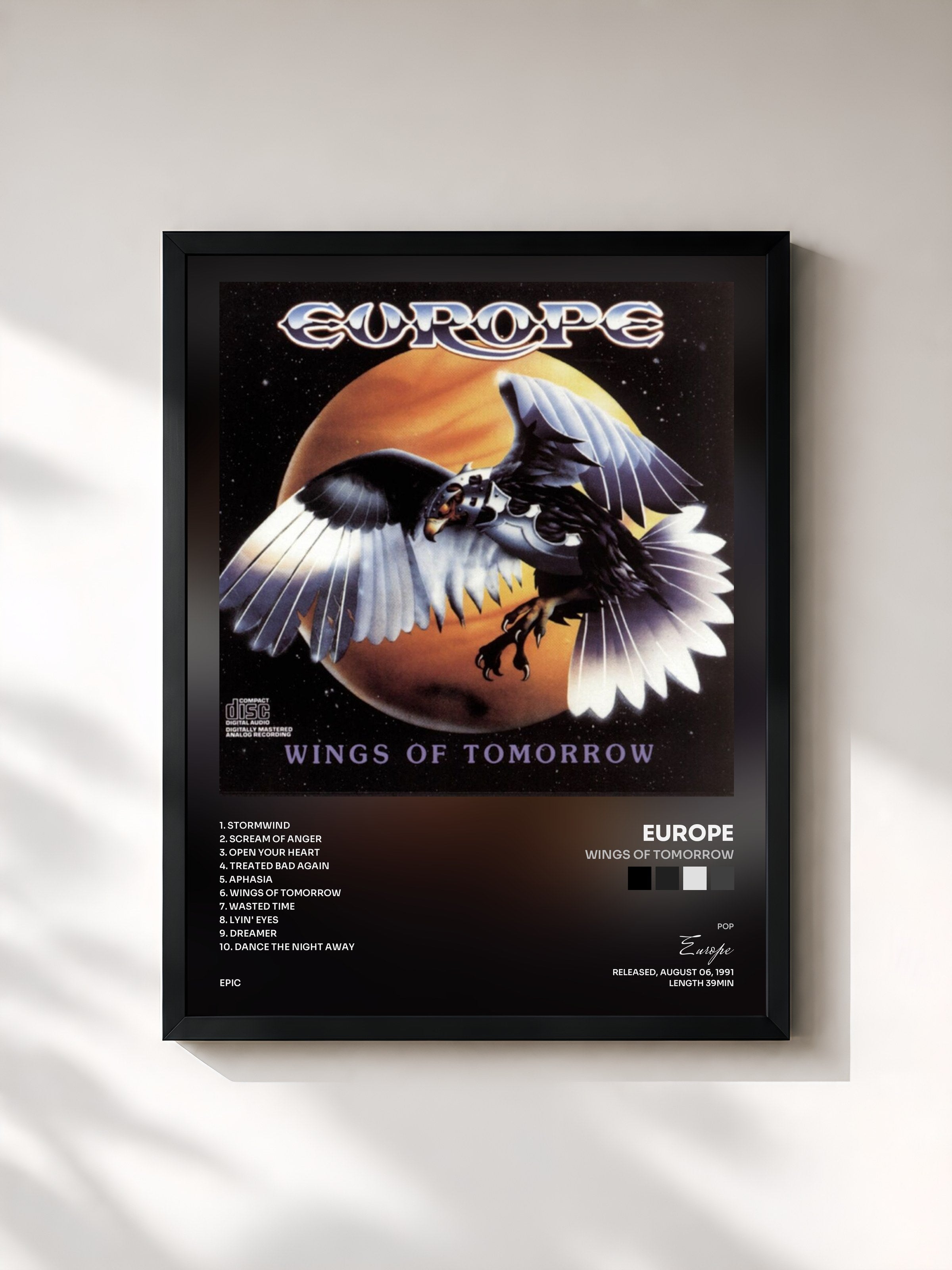 #noir Tableau de l'album Wings Of Tomorrow de Europe, cadre noir, imprimé et encadré en France