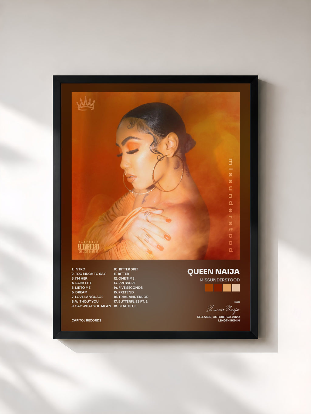 #noir Tableau de l'album missunderstood de Queen Naija, cadre noir, imprimé et encadré en France