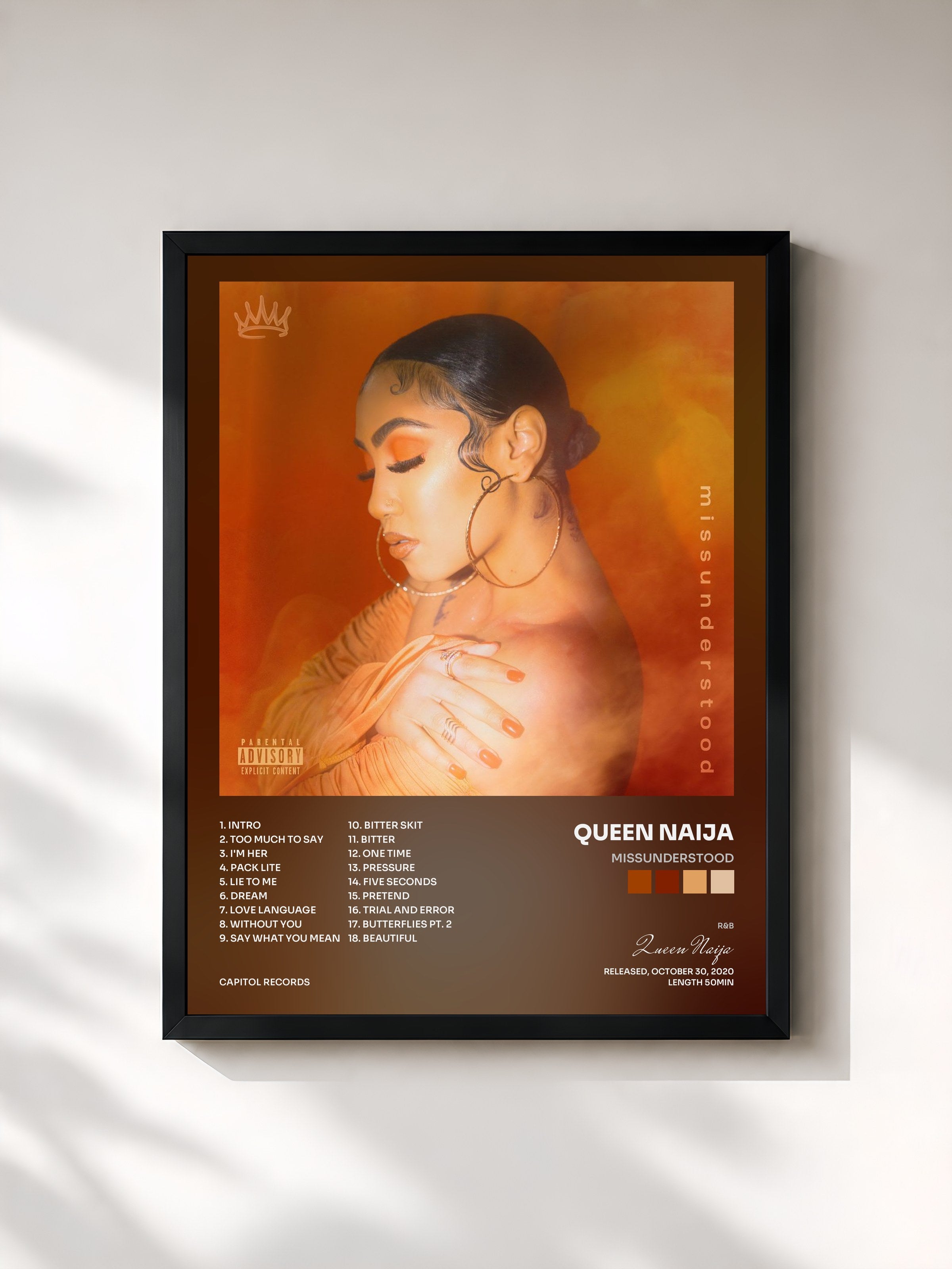 #noir Tableau de l'album missunderstood de Queen Naija, cadre noir, imprimé et encadré en France