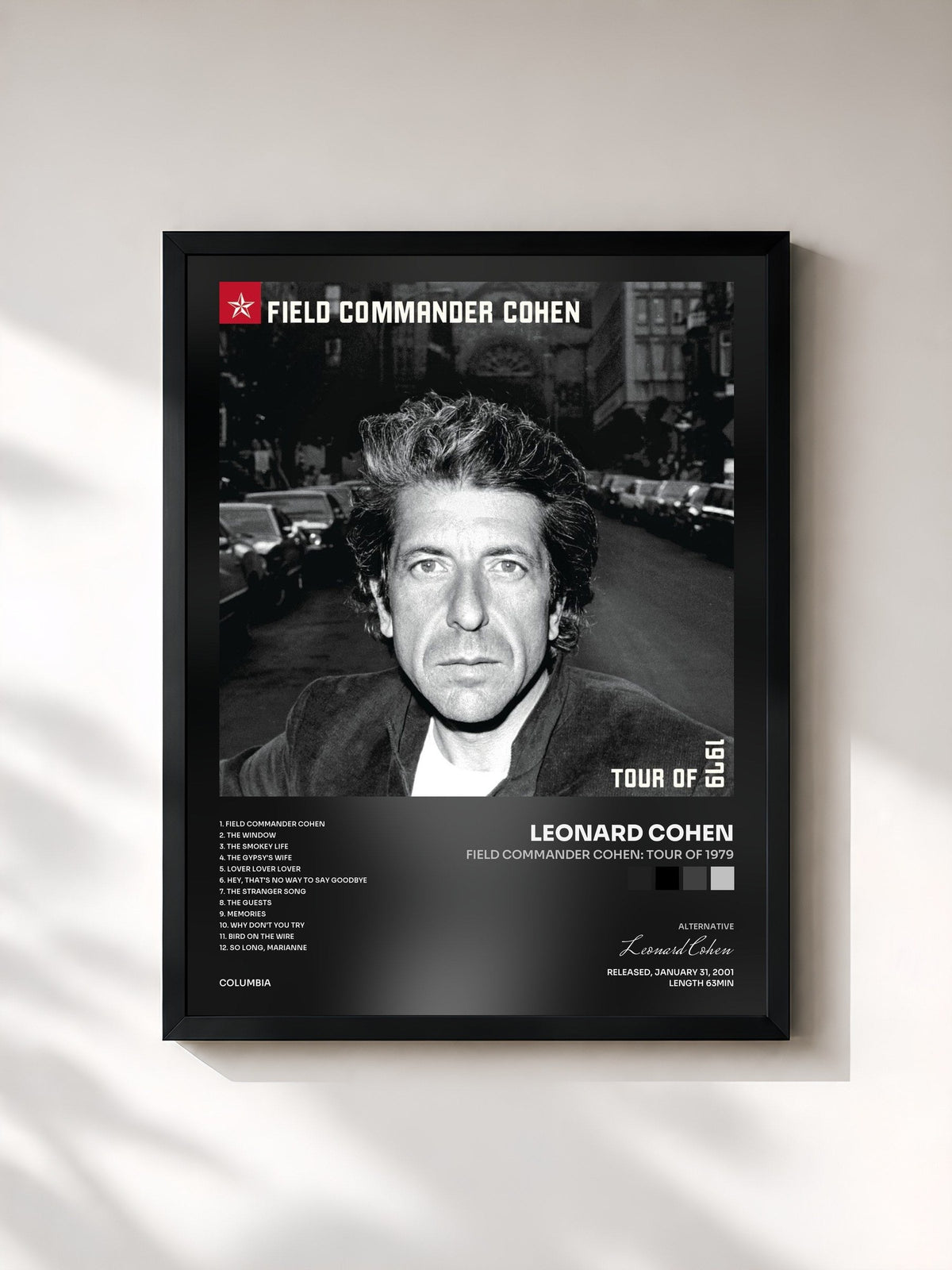 #noir Tableau de l'album Field Commander Cohen: Tour of 1979 de Leonard Cohen, cadre noir, imprimé et encadré en France