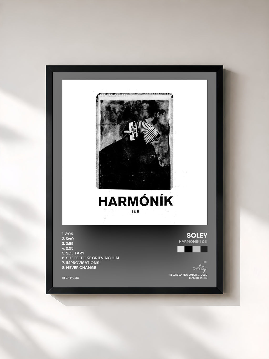 #noir Tableau de l'album Harmóník I & II de Soley, cadre noir, imprimé et encadré en France