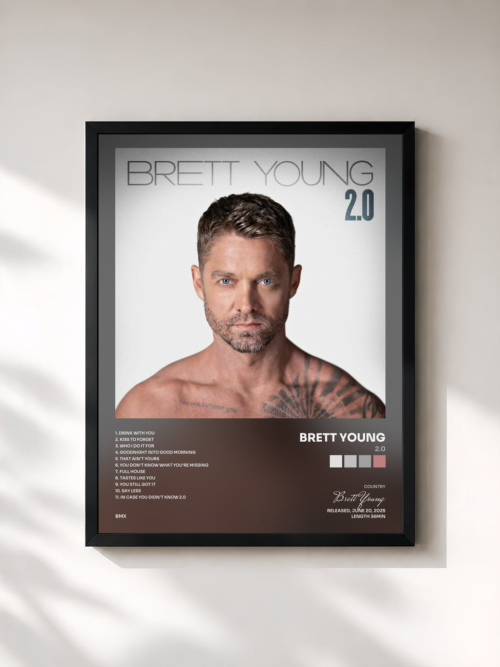 #noir Tableau de l'album 2.0 de Brett Young, cadre noir, imprimé et encadré en France
