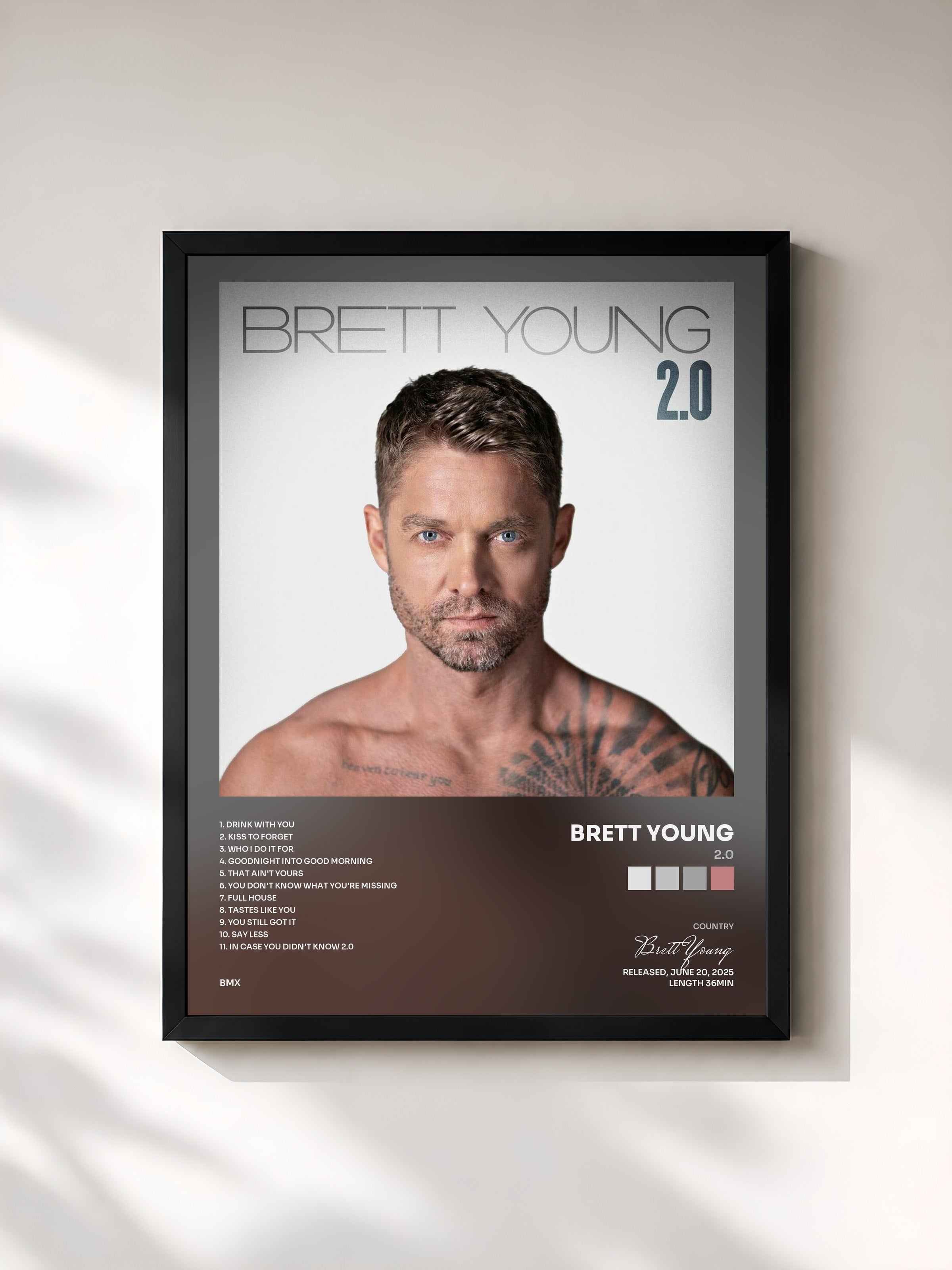 #noir Tableau de l'album 2.0 de Brett Young, cadre noir, imprimé et encadré en France