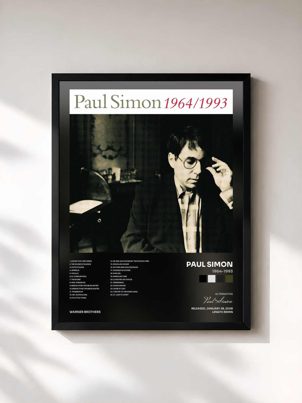 #noir Tableau de l'album 1964-1993 de Paul Simon, cadre noir, imprimé et encadré en France