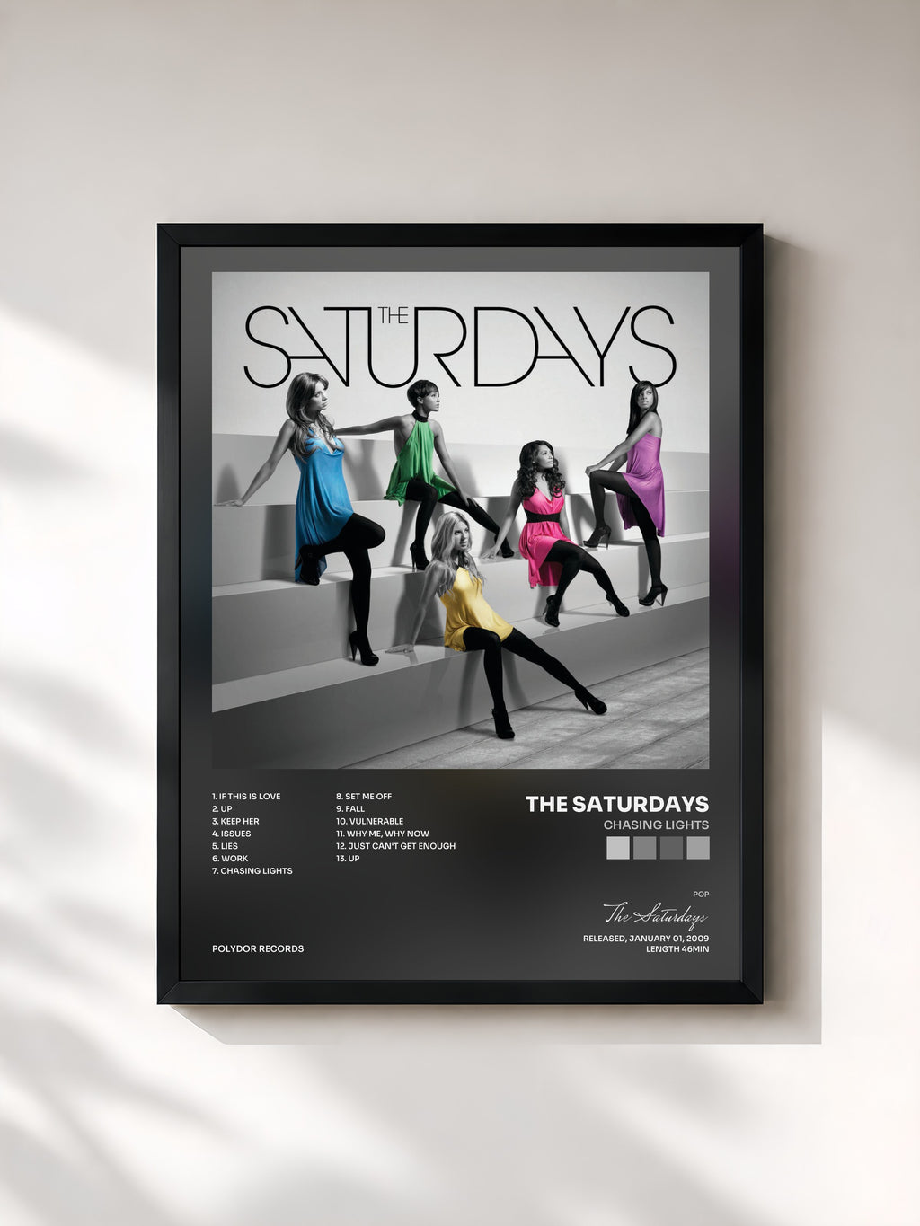#noir Tableau de l'album Chasing Lights de The Saturdays, cadre noir, imprimé et encadré en France