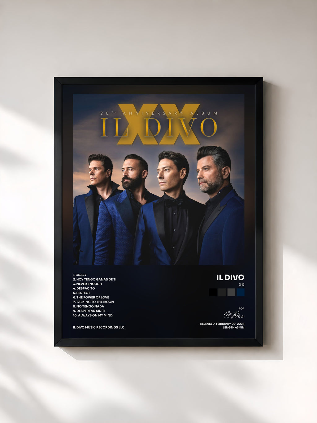 #noir Tableau de l'album XX de Il Divo, cadre noir, imprimé et encadré en France