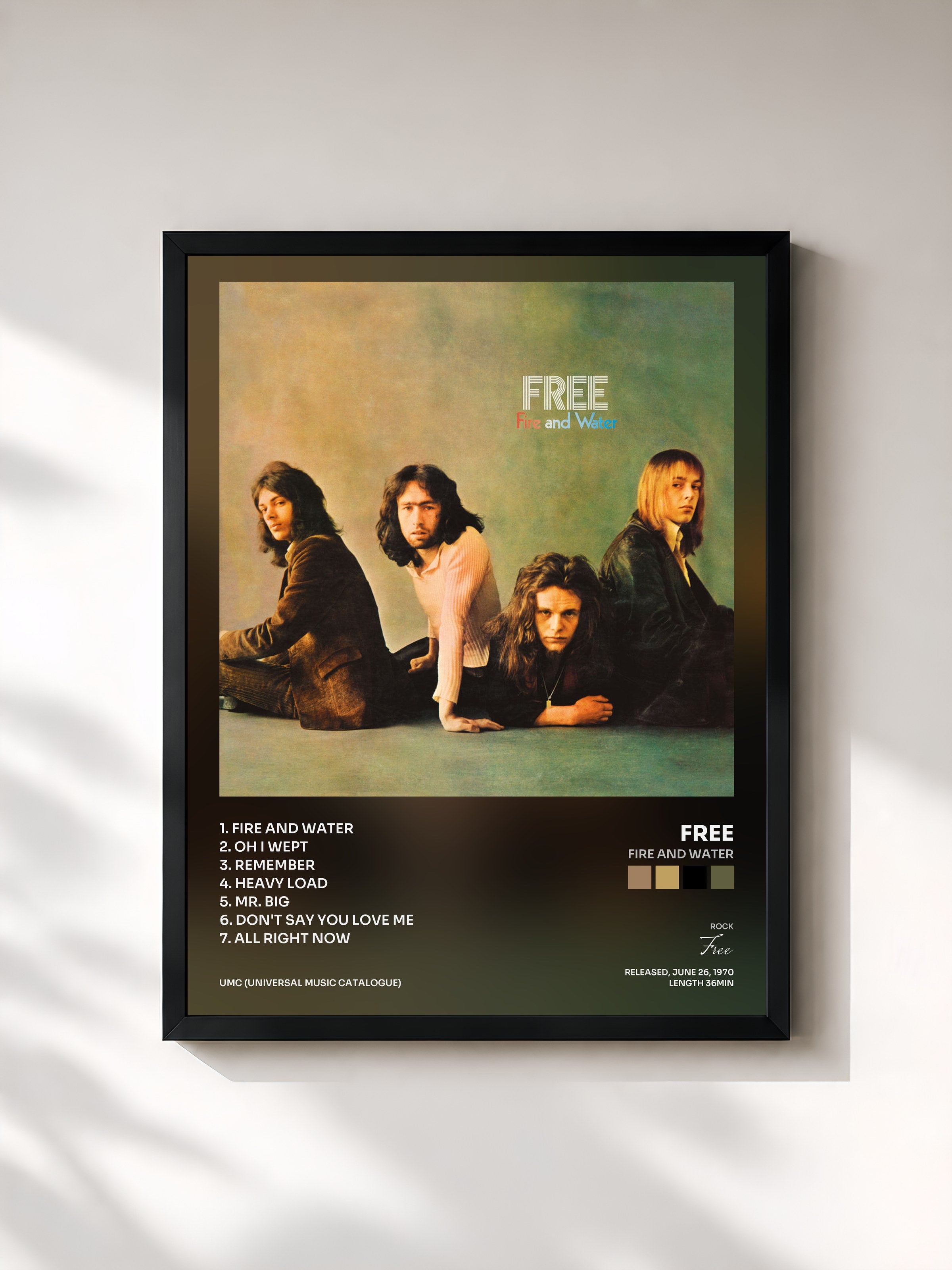 #noir Tableau de l'album Fire And Water de Free, cadre noir, imprimé et encadré en France