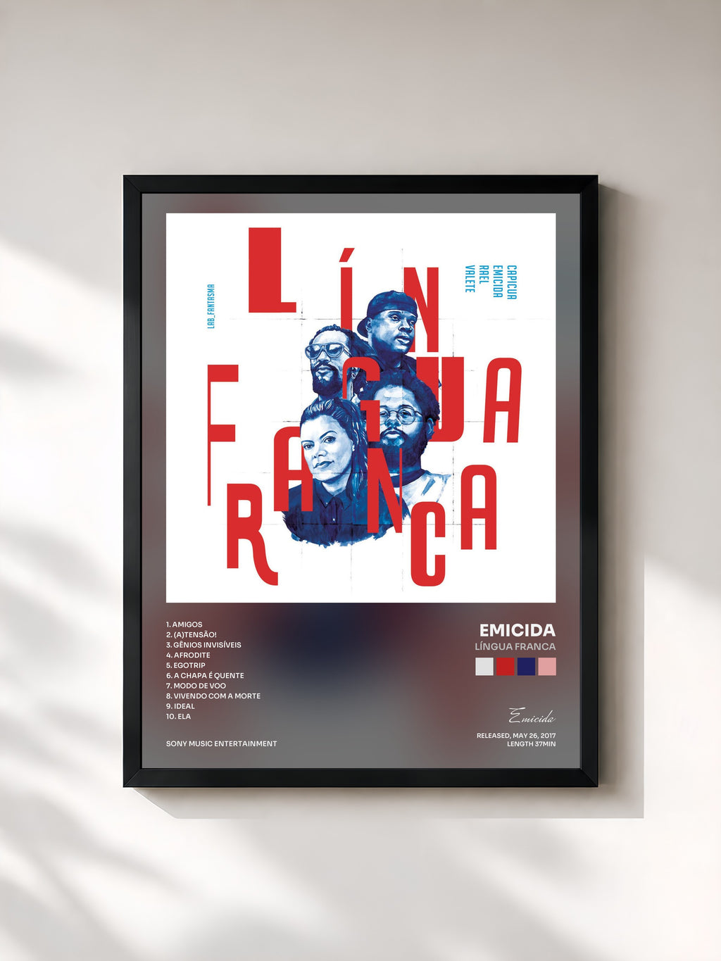 #noir Tableau de l'album Língua Franca de Emicida, cadre noir, imprimé et encadré en France