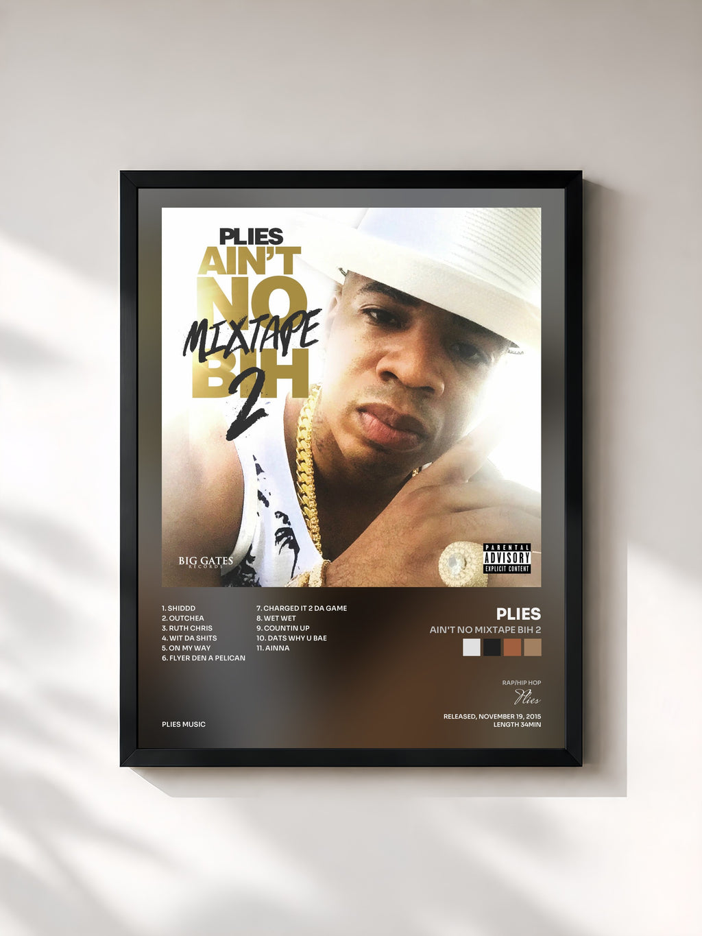 #noir Tableau de l'album Ain't No Mixtape Bih 2 de Plies, cadre noir, imprimé et encadré en France