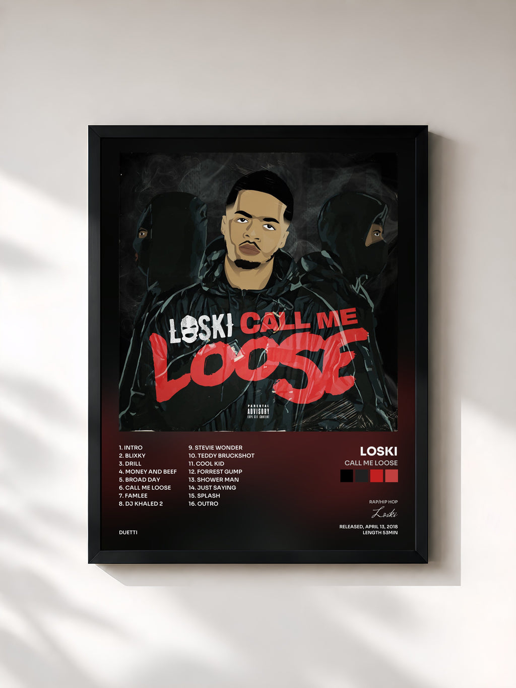 #noir Tableau de l'album Call Me Loose de Loski, cadre noir, imprimé et encadré en France