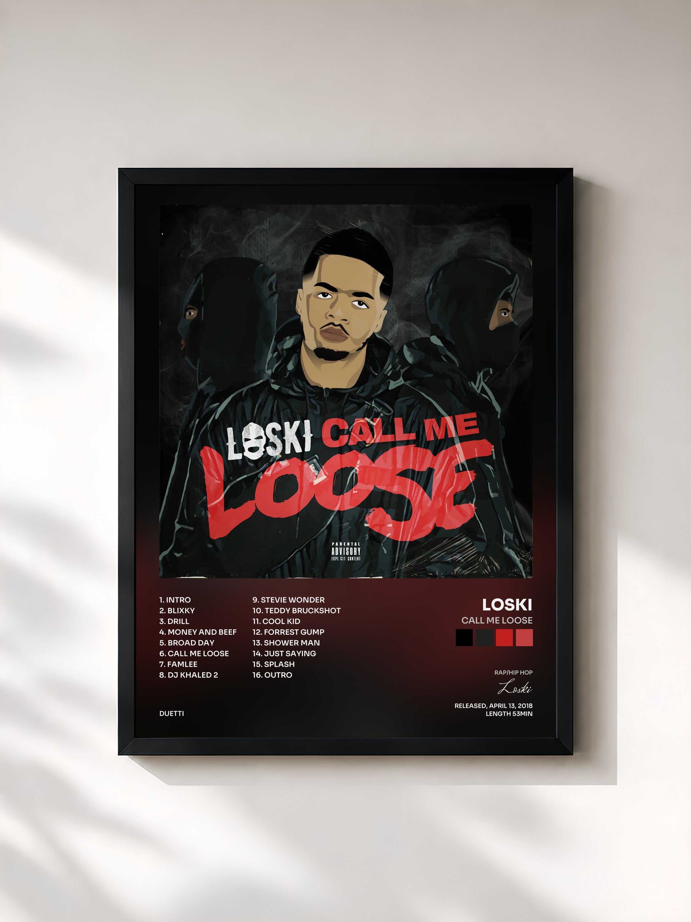 #noir Tableau de l'album Call Me Loose de Loski, cadre noir, imprimé et encadré en France