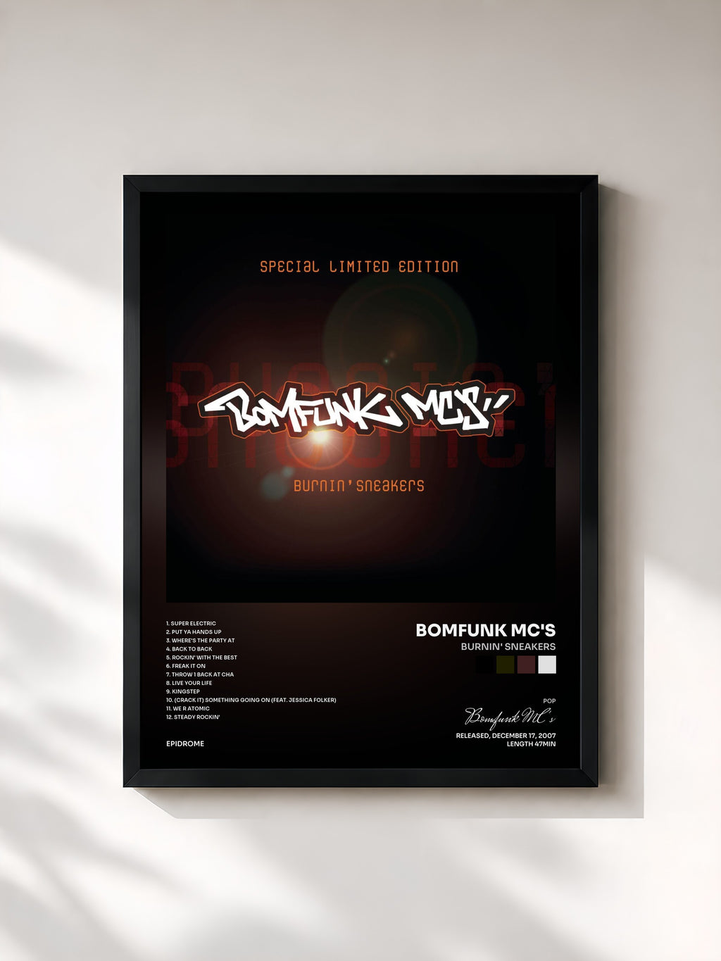 #noir Tableau de l'album Burnin' Sneakers de Bomfunk MC's, cadre noir, imprimé et encadré en France