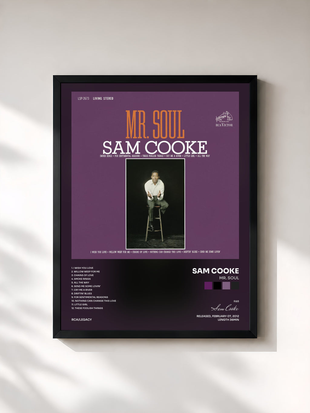 #noir Tableau de l'album Mr. Soul de Sam Cooke, cadre noir, imprimé et encadré en France