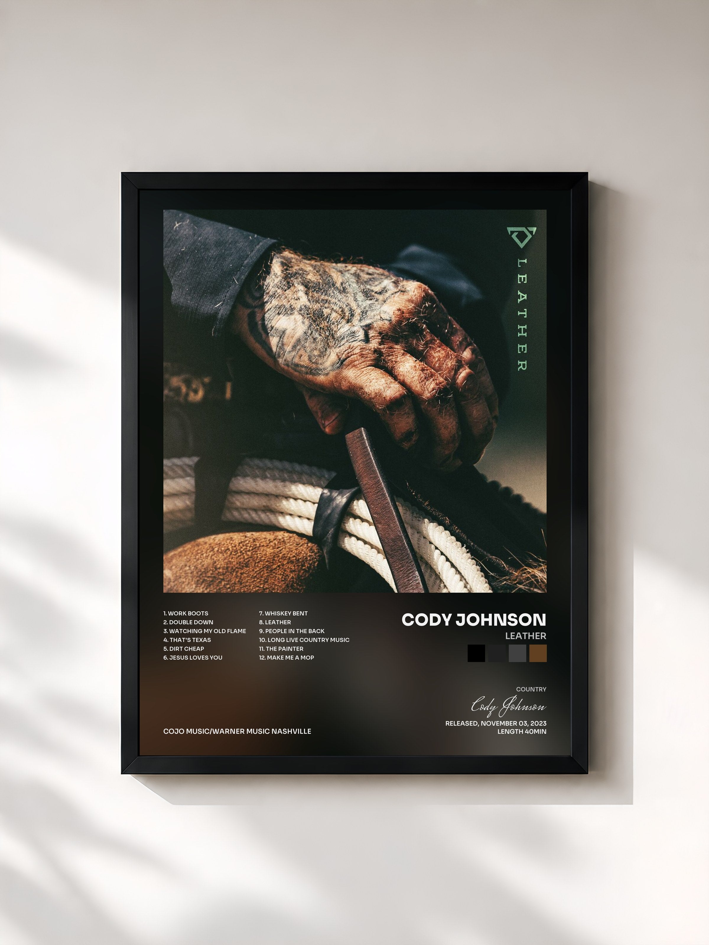 #noir Tableau de l'album Leather de Cody Johnson, cadre noir, imprimé et encadré en France