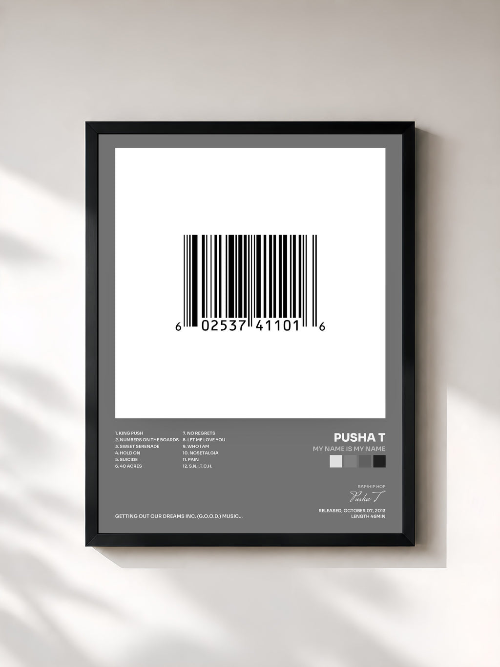 #noir Tableau de l'album My Name Is My Name de Pusha T, cadre noir, imprimé et encadré en France
