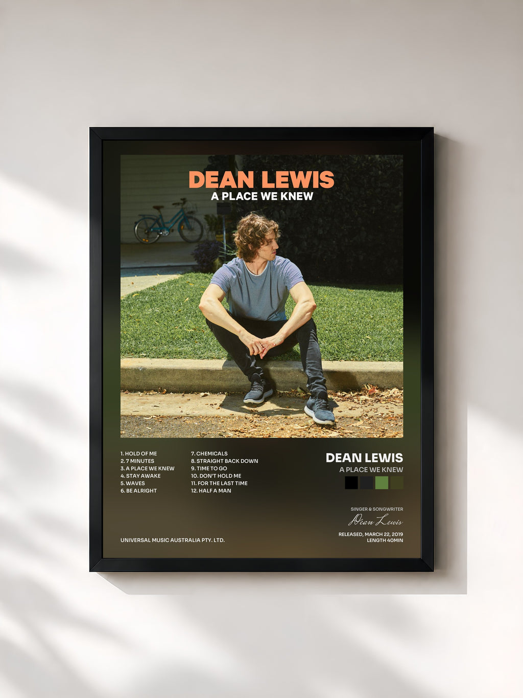 #noir Tableau de l'album A Place We Knew de Dean Lewis, cadre noir, imprimé et encadré en France
