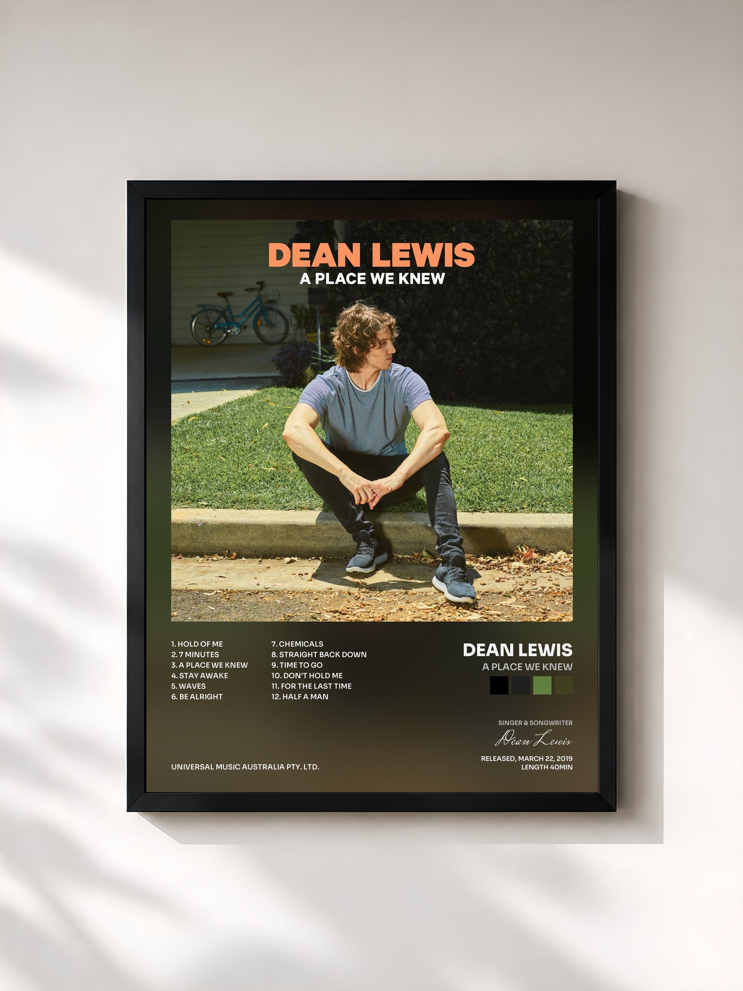 #noir Tableau de l'album A Place We Knew de Dean Lewis, cadre noir, imprimé et encadré en France
