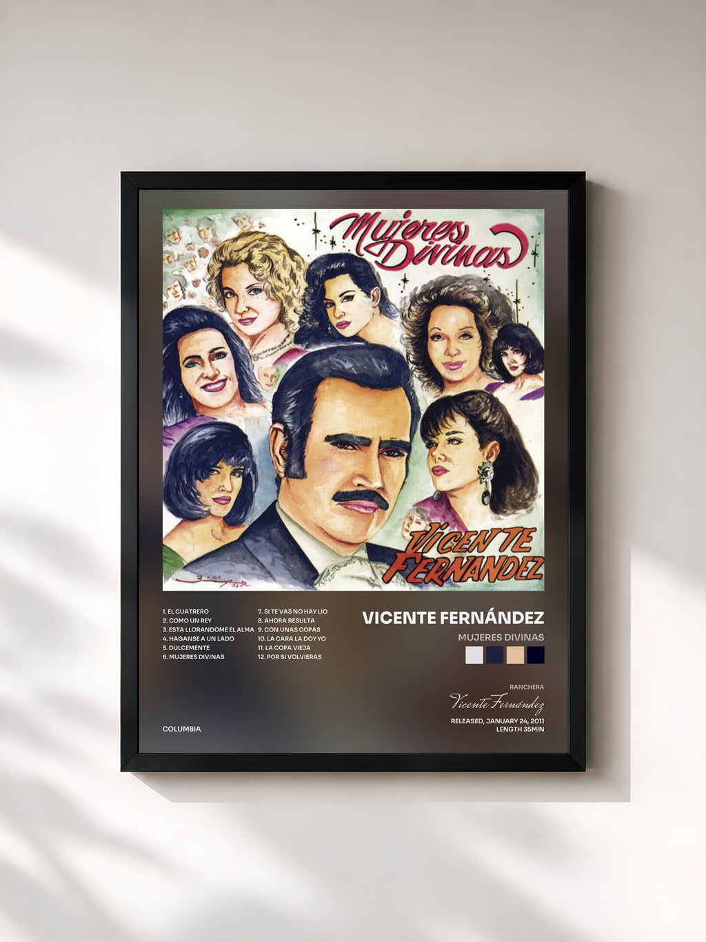 #noir Tableau de l'album Mujeres Divinas de Vicente Fernández, cadre noir, imprimé et encadré en France