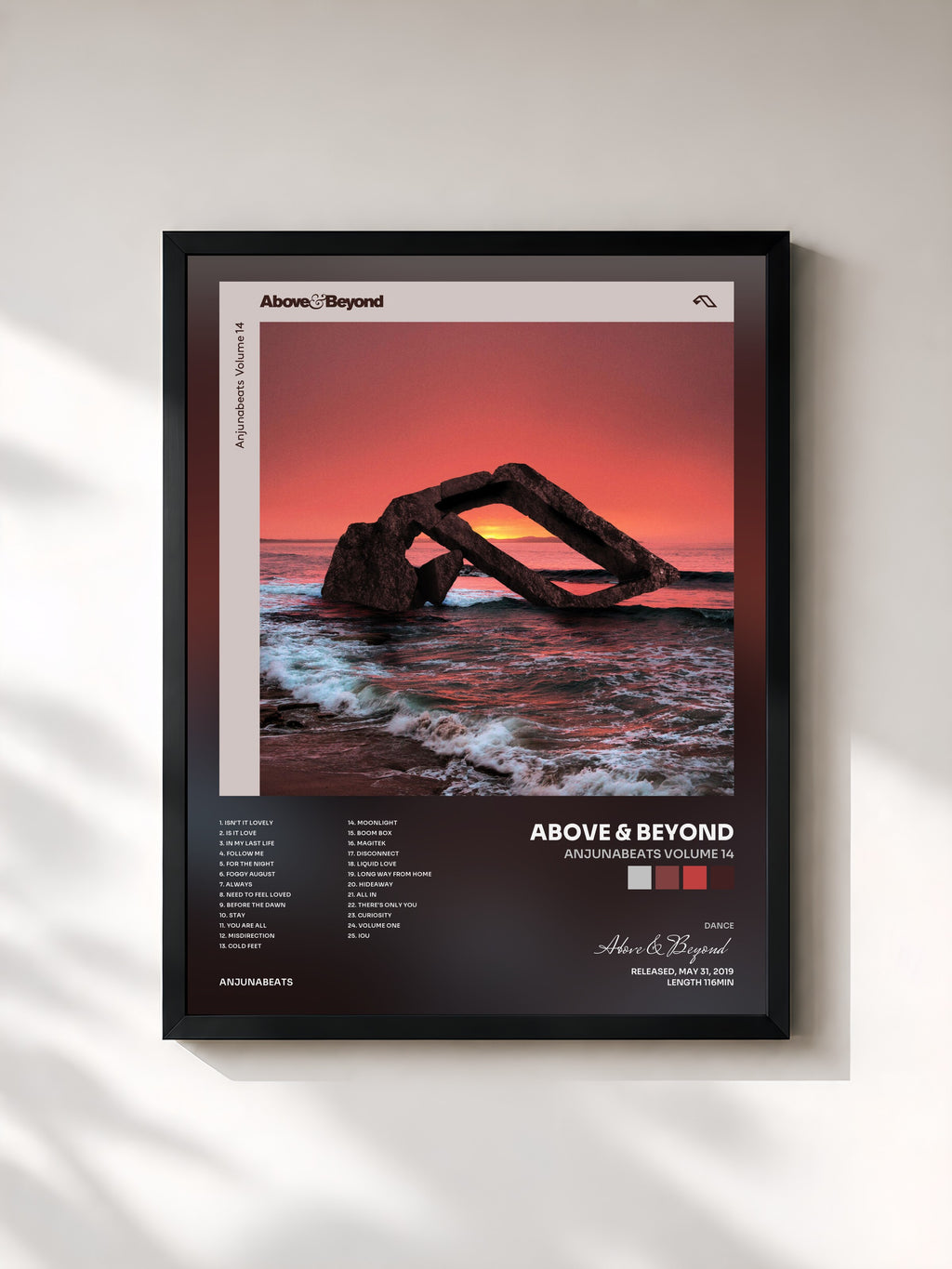 #noir Tableau de l'album Anjunabeats Volume 14 de Above & Beyond, cadre noir, imprimé et encadré en France