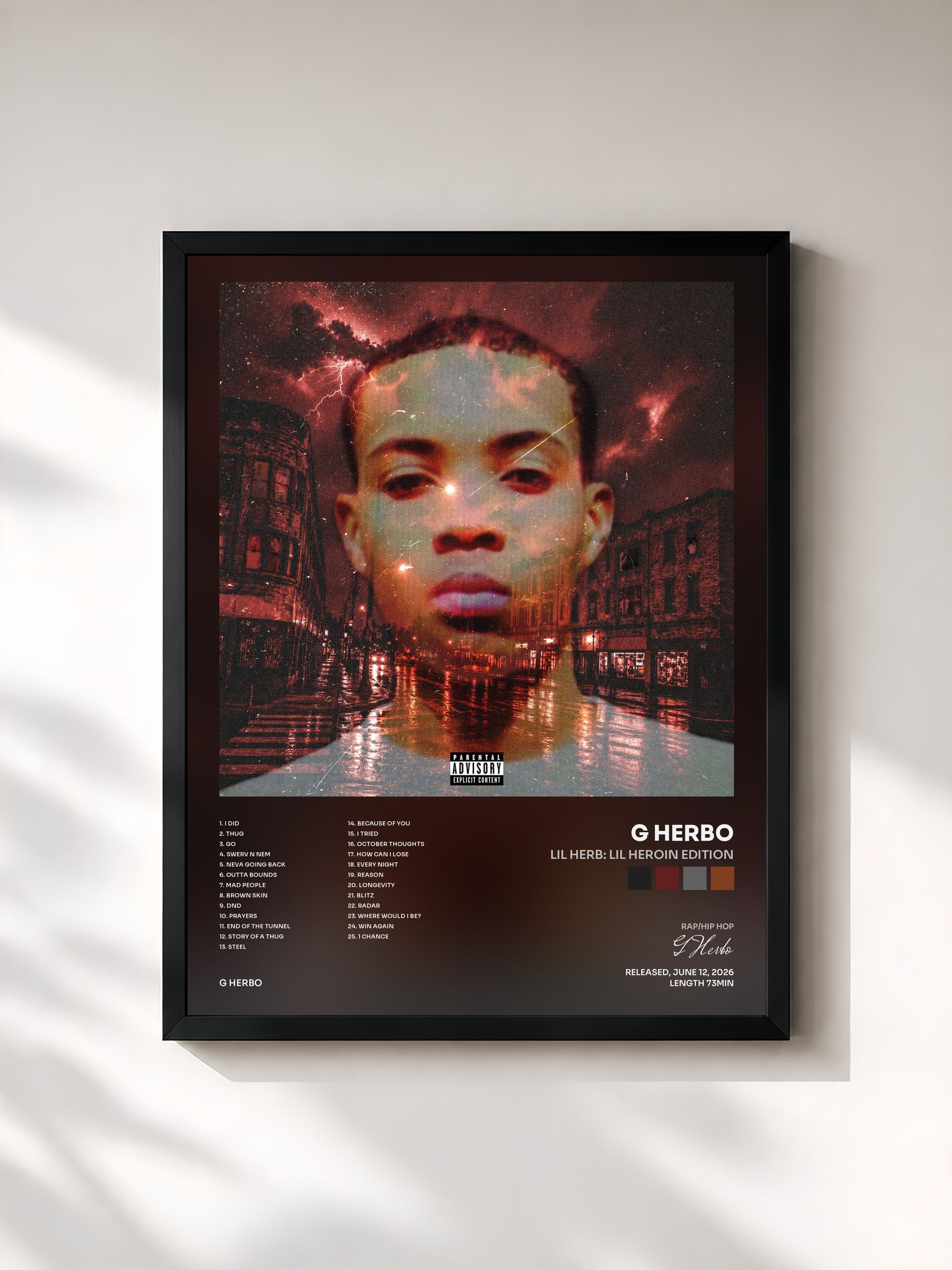#noir Tableau de l'album Lil Herb: Lil Heroin Edition de G Herbo, cadre noir, imprimé et encadré en France