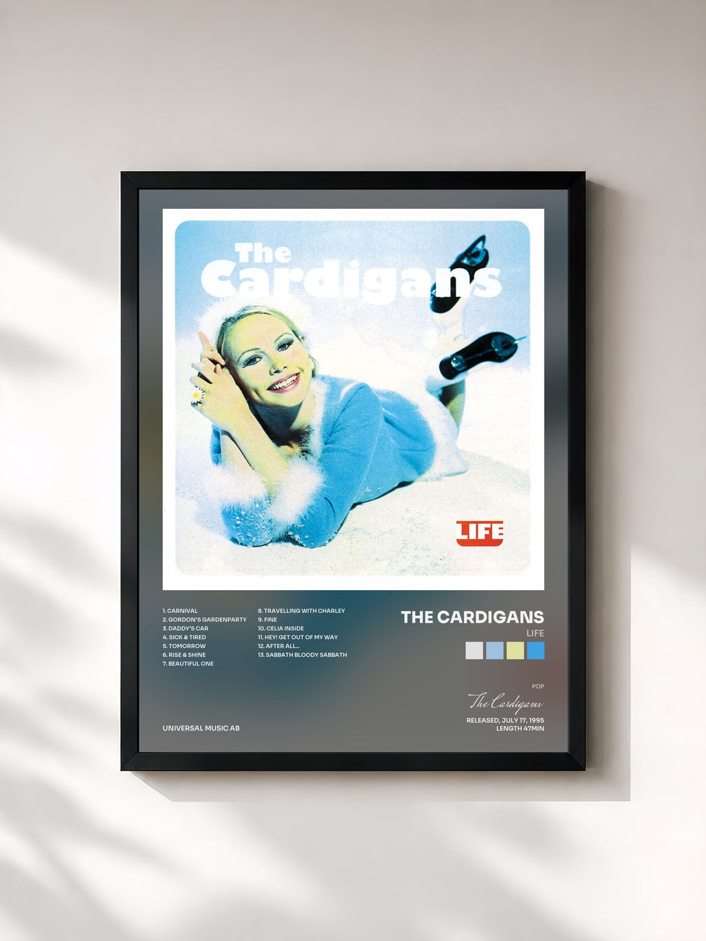 #noir Tableau de l'album Life de The Cardigans, cadre noir, imprimé et encadré en France