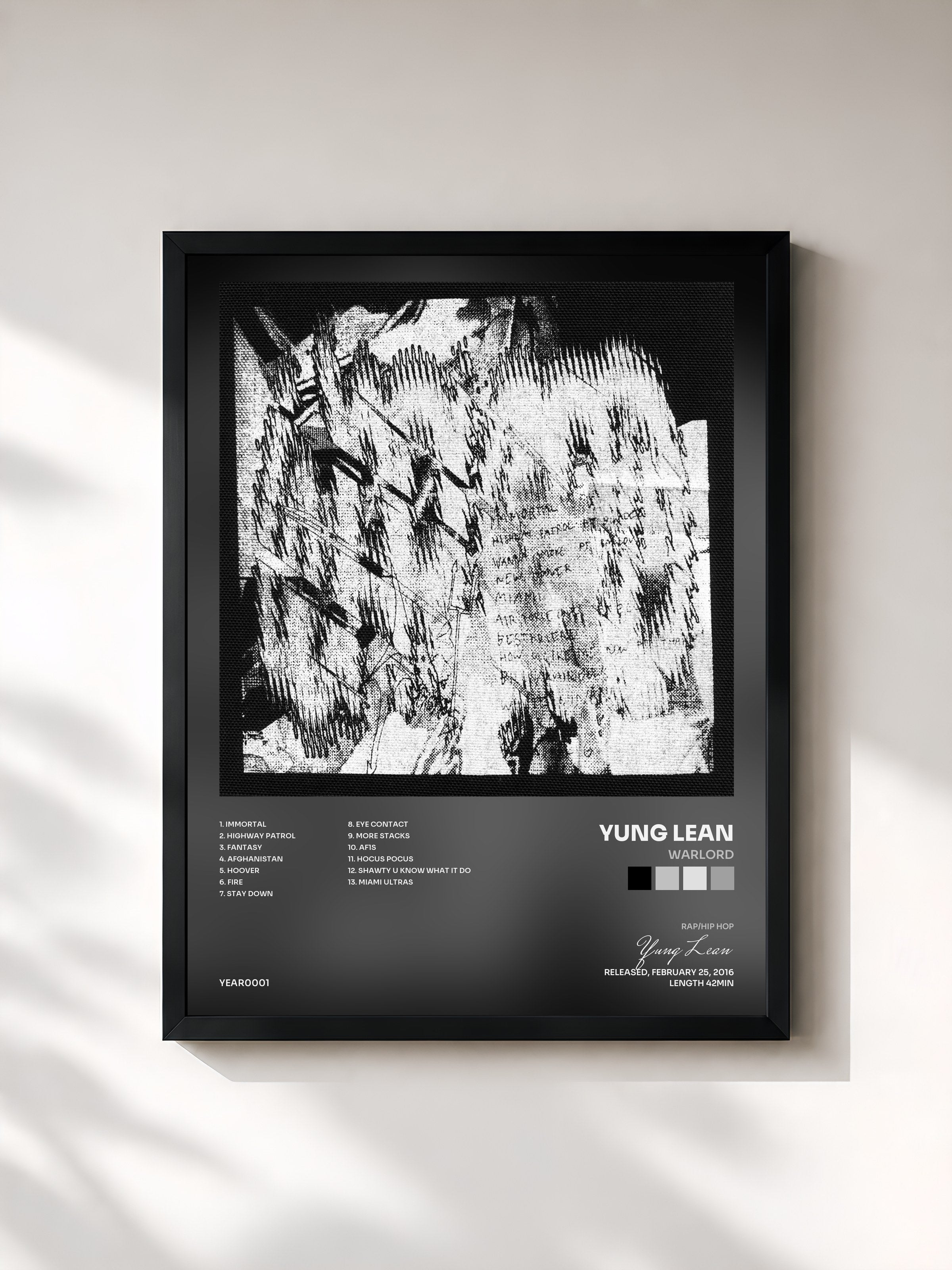 #noir Tableau de l'album Warlord de Yung Lean, cadre noir, imprimé et encadré en France