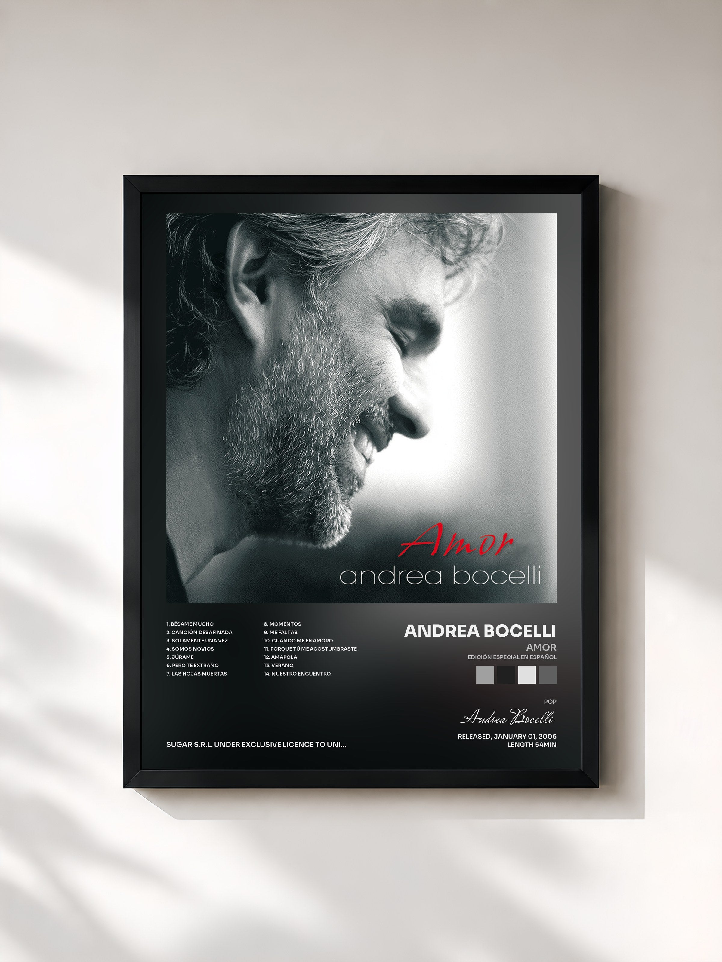 #noir Tableau de l'album Amor (Edición Especial En Español) de Andrea Bocelli, cadre noir, imprimé et encadré en France