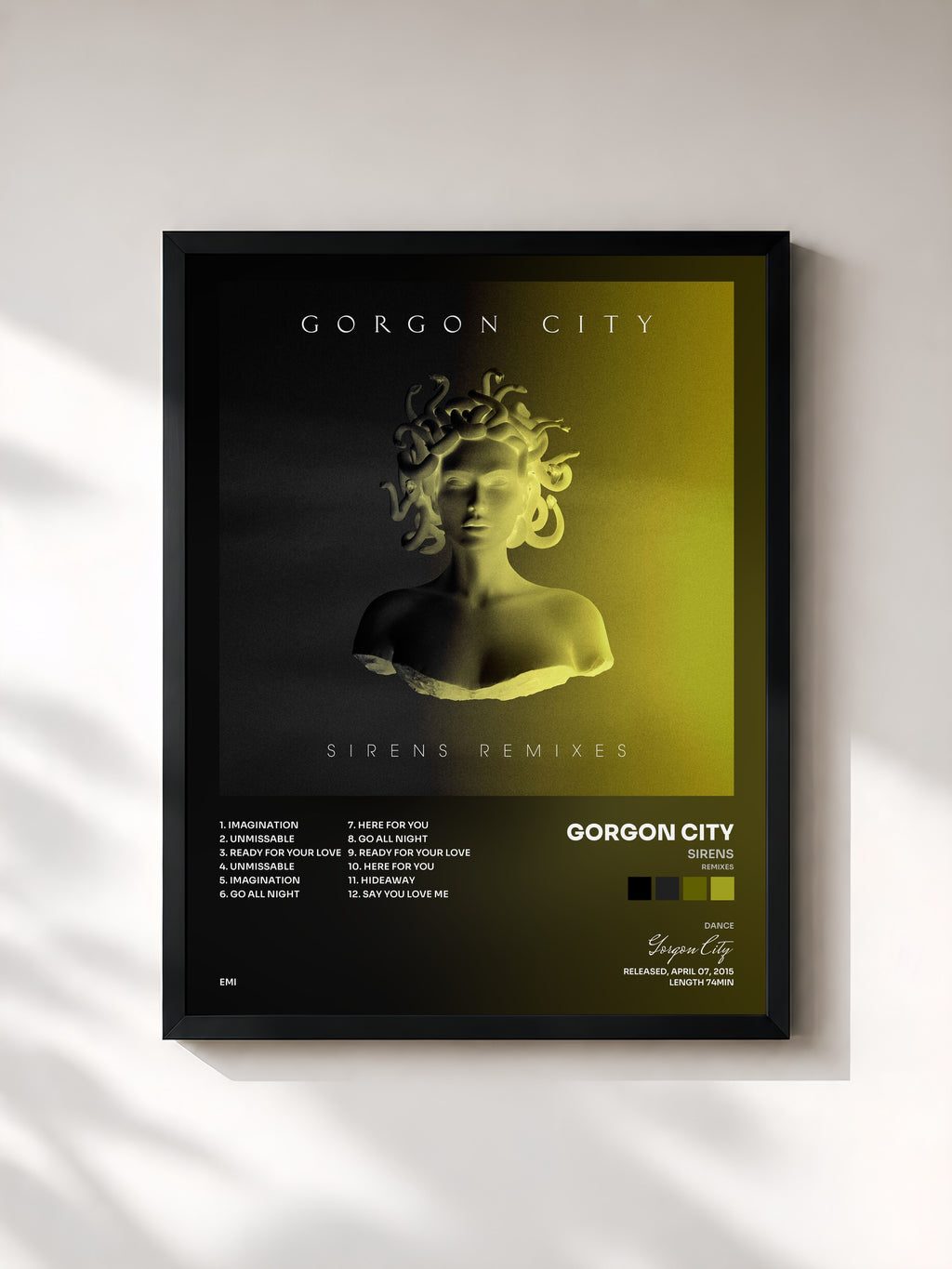 #noir Tableau de l'album Sirens (Remixes) de Gorgon City, cadre noir, imprimé et encadré en France