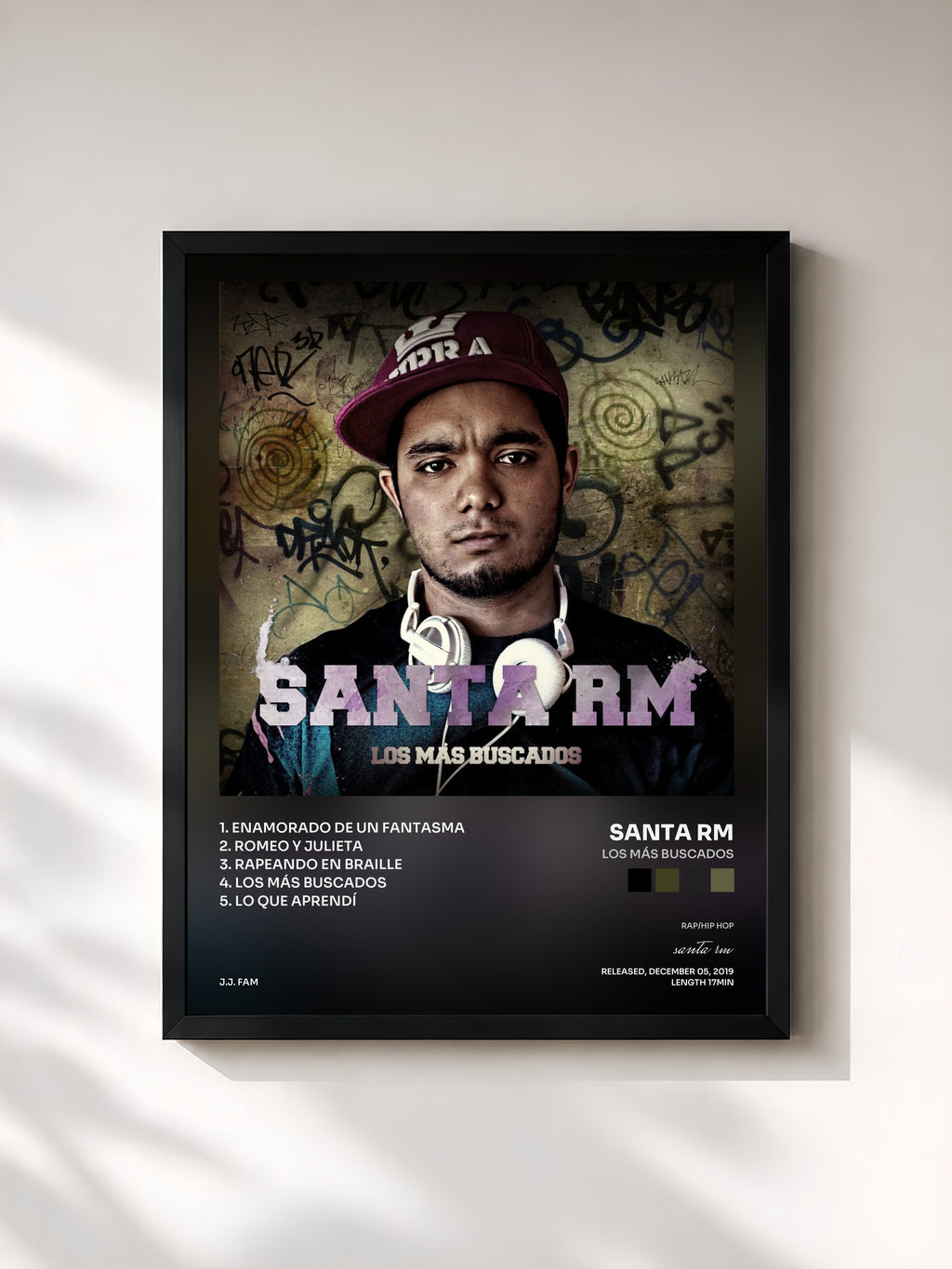 #noir Tableau de l'album Los Más Buscados de santa rm, cadre noir, imprimé et encadré en France