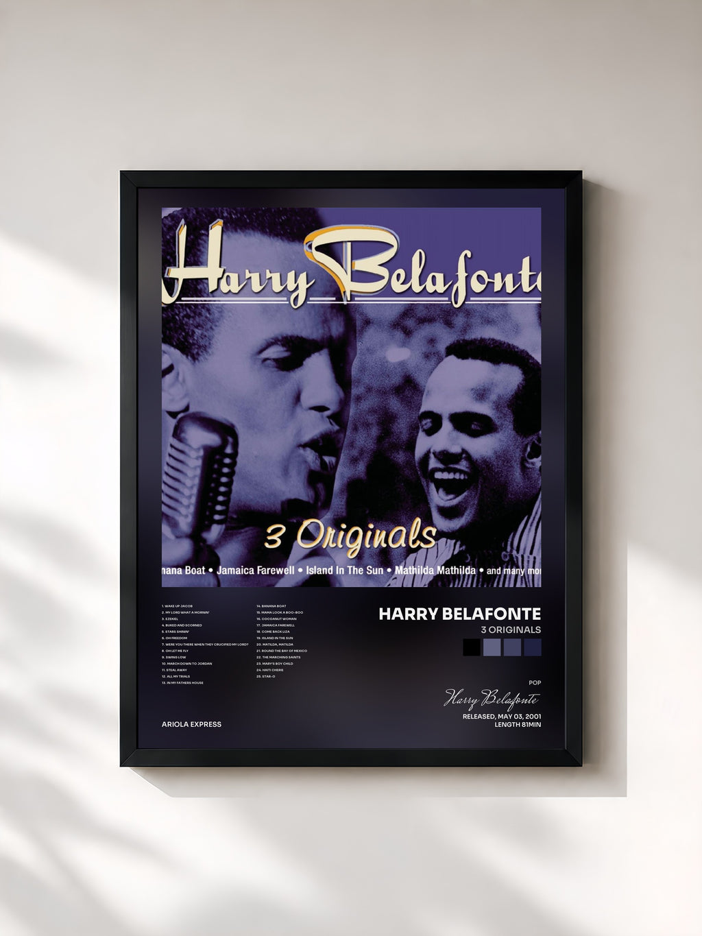 #noir Tableau de l'album 3 Originals de Harry Belafonte, cadre noir, imprimé et encadré en France