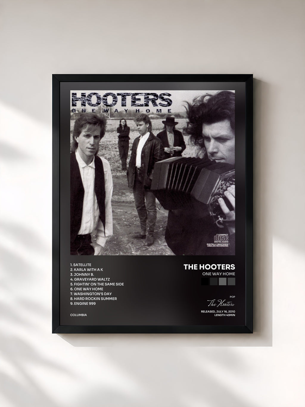 #noir Tableau de l'album One Way Home de The Hooters, cadre noir, imprimé et encadré en France